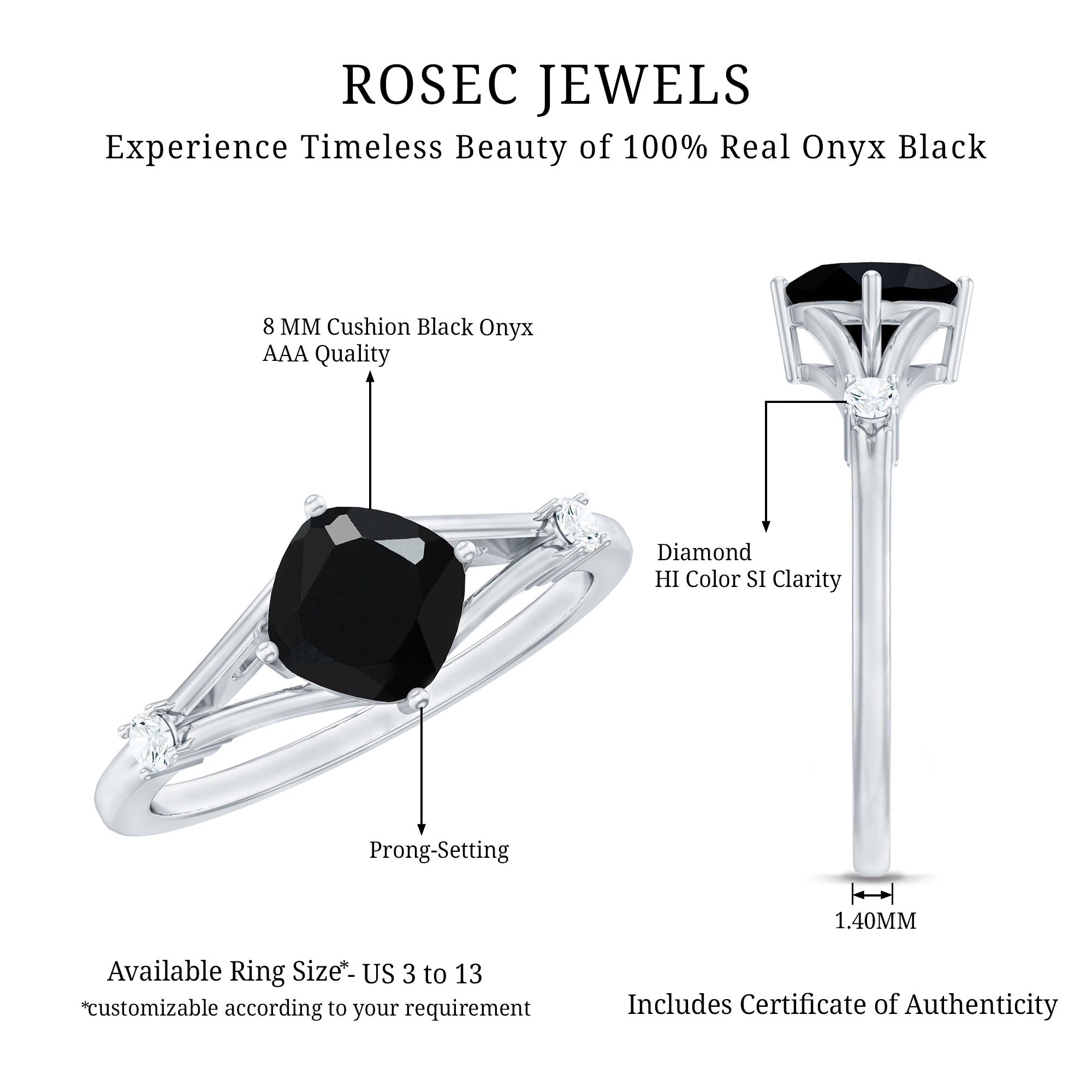 Cushion Black Onyx Split Shank Engagement Ring with Diamond