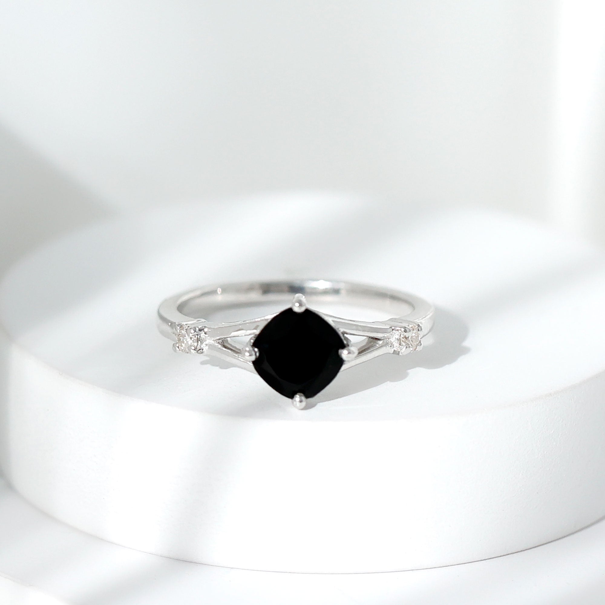 Cushion Black Onyx Split Shank Engagement Ring with Diamond