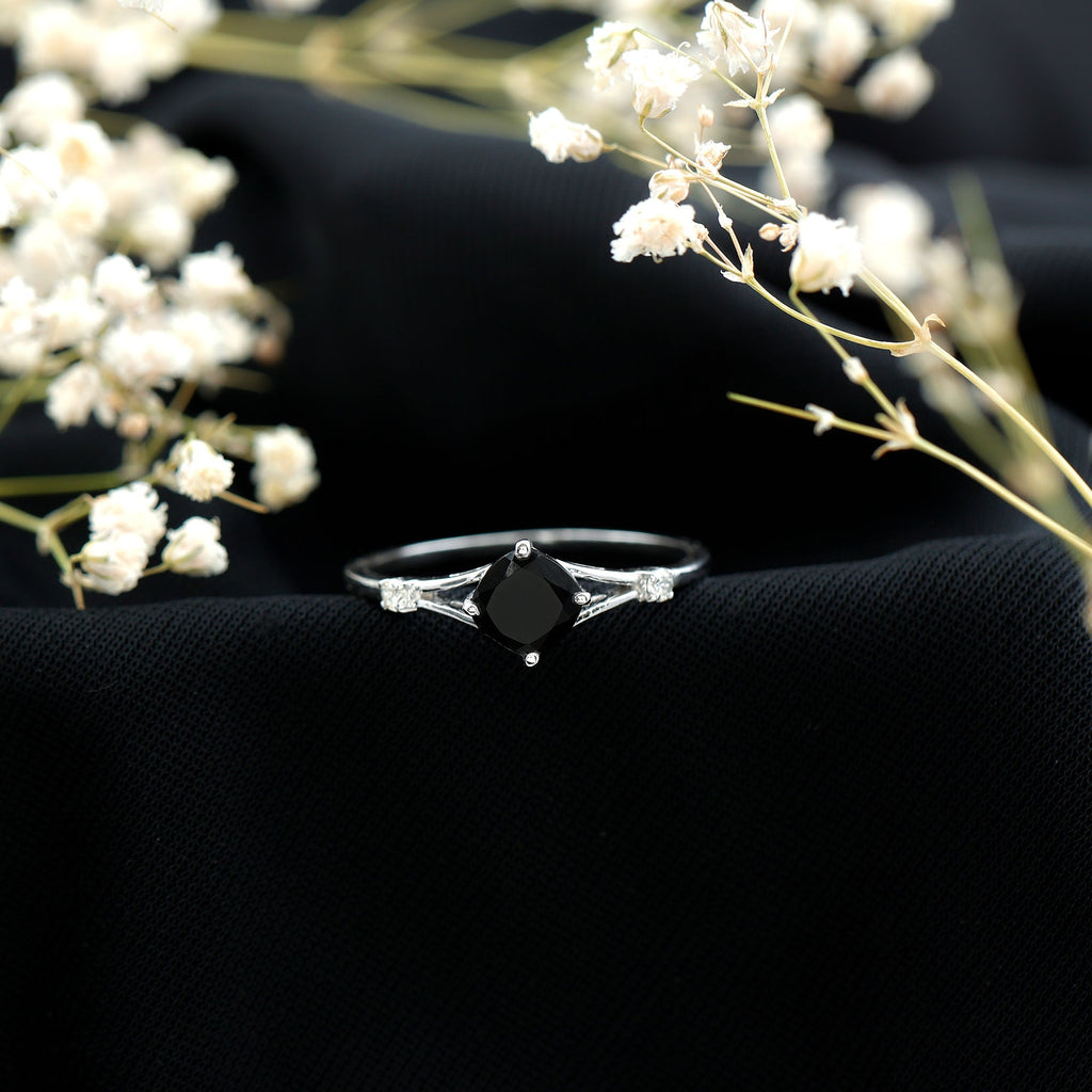 Cushion Black Onyx Split Shank Engagement Ring with Diamond