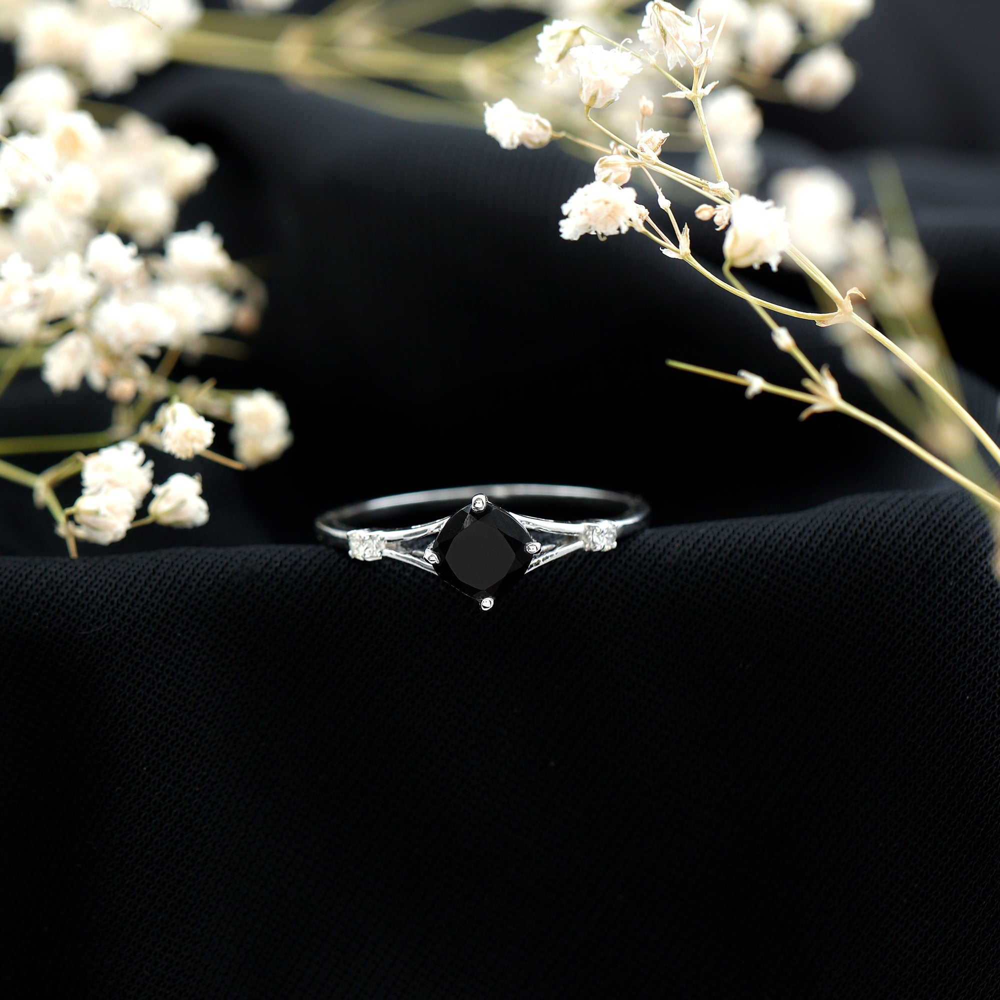 Cushion Black Onyx Split Shank Engagement Ring with Diamond