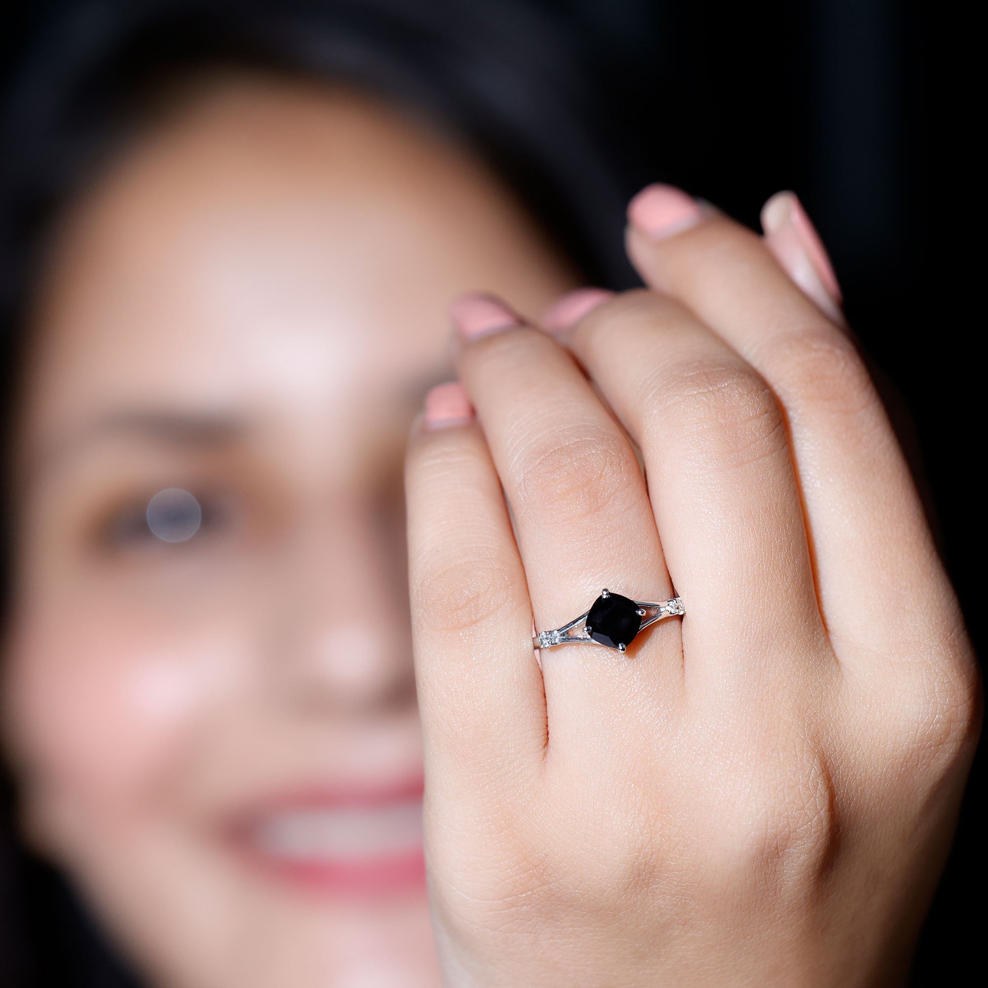 Cushion Black Onyx Split Shank Engagement Ring with Diamond