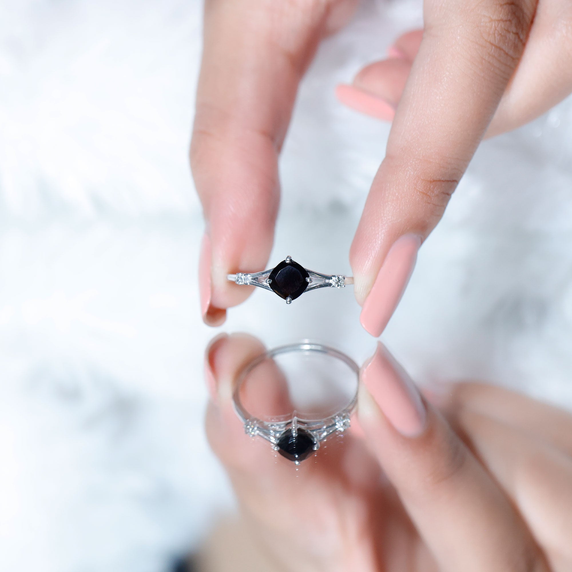 Cushion Black Onyx Split Shank Engagement Ring with Diamond