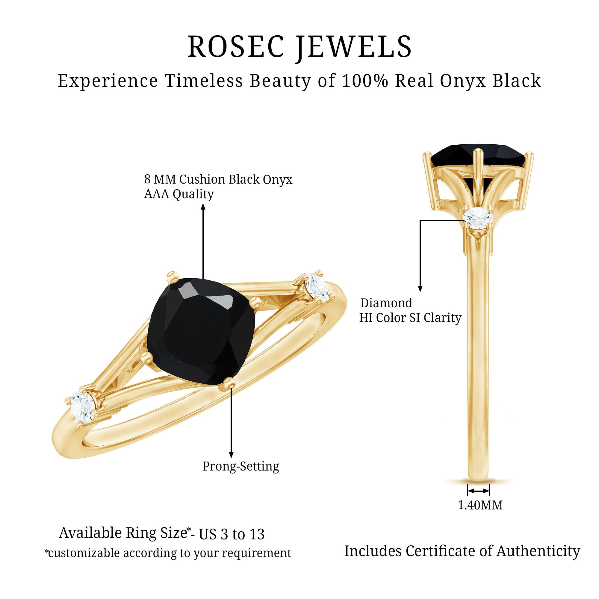 Cushion Black Onyx Split Shank Engagement Ring with Diamond