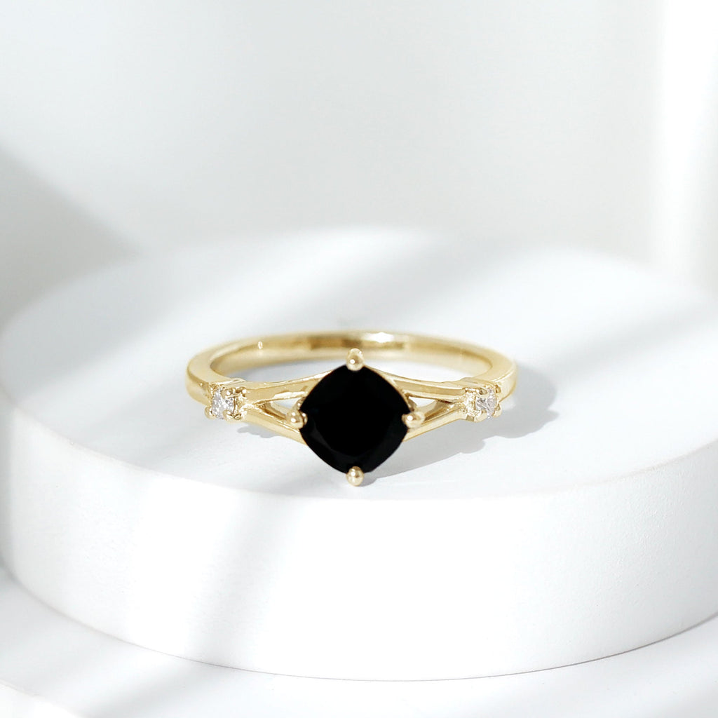 Cushion Black Onyx Split Shank Engagement Ring with Diamond