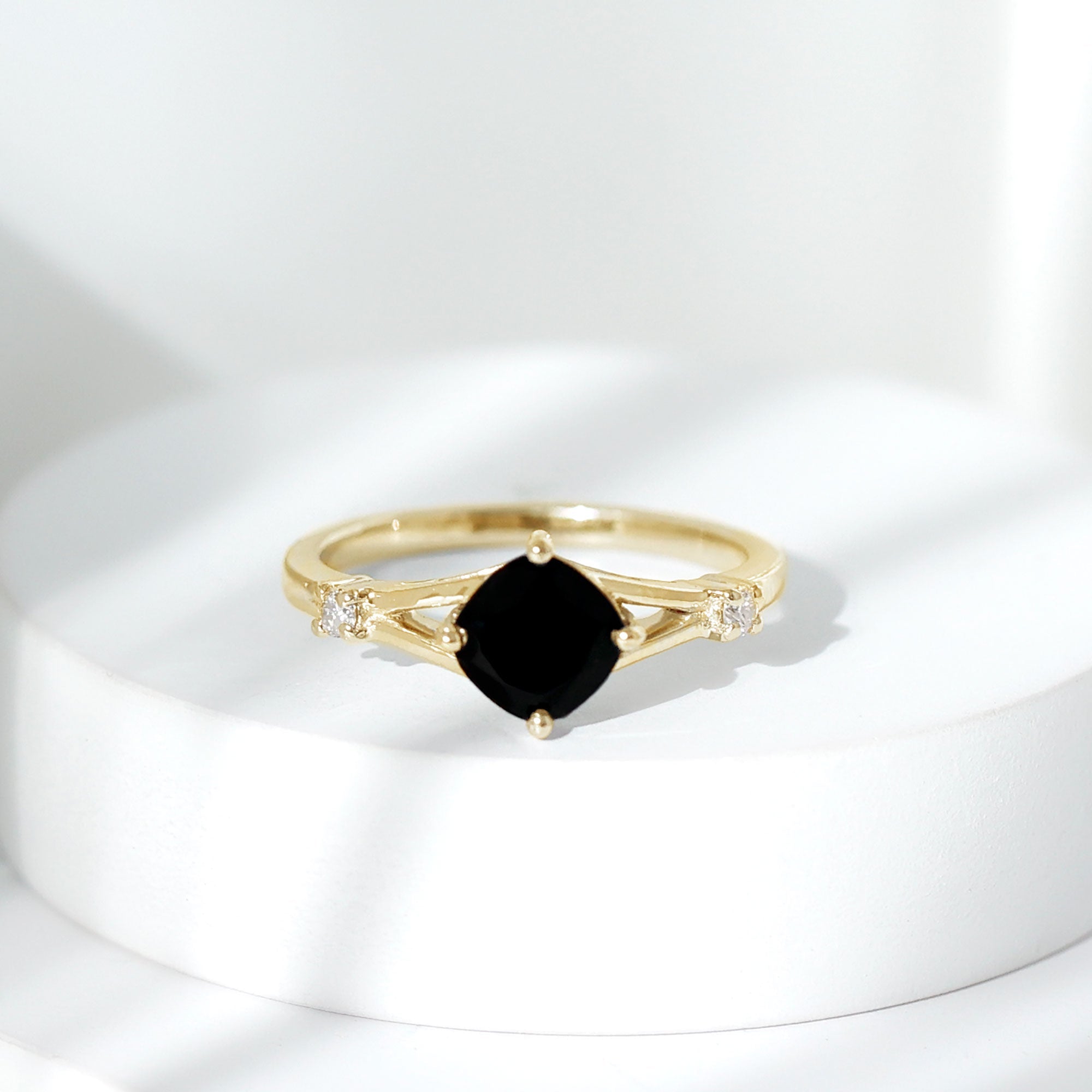 Cushion Black Onyx Split Shank Engagement Ring with Diamond