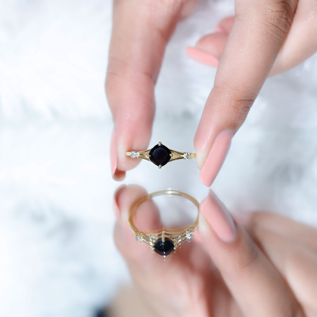 Cushion Black Onyx Split Shank Engagement Ring with Diamond