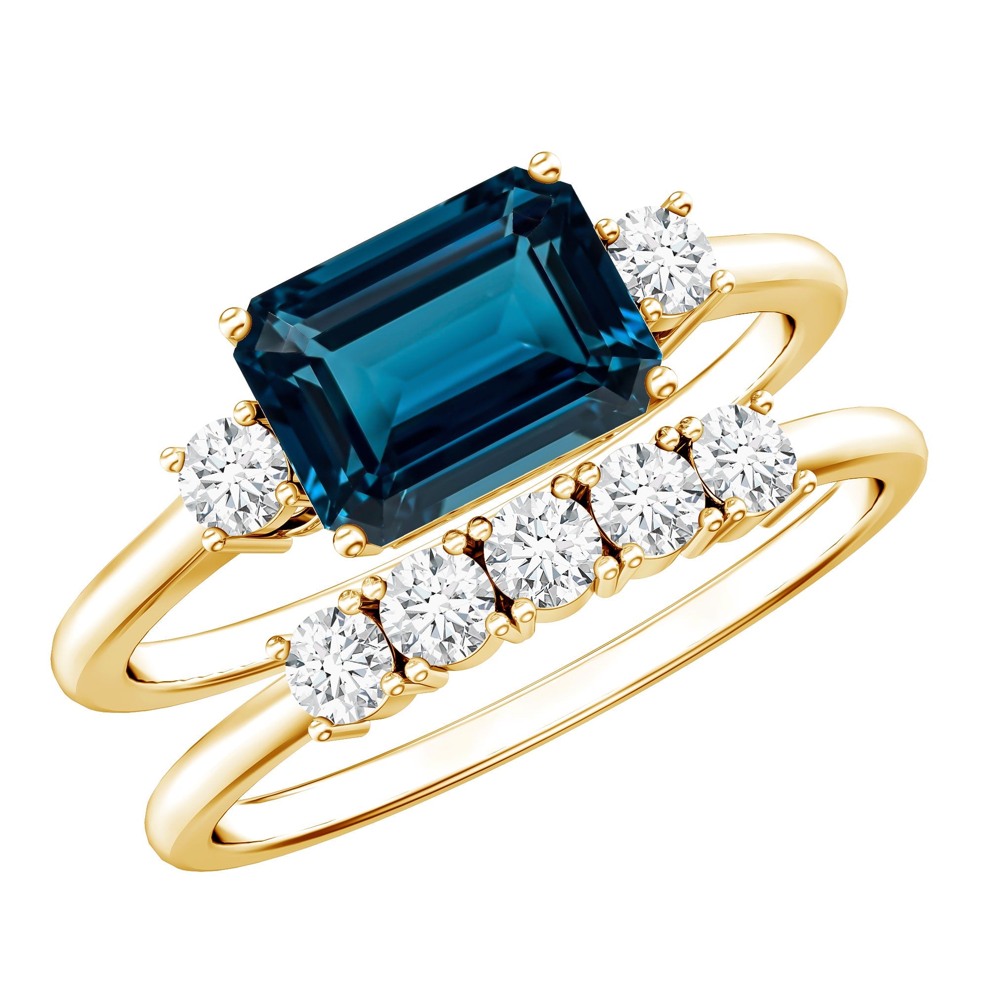 Genuine Emerald Cut London Blue Topaz Engagement Ring with Diamond Wedding Band