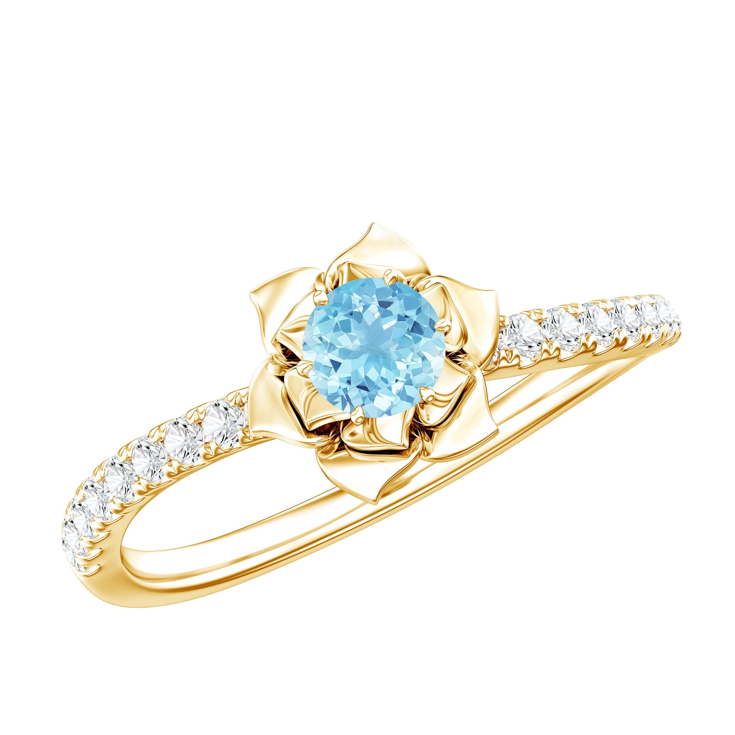 Aquamarine Rose Engagement Ring – Unique Floral Design with Diamond Accents