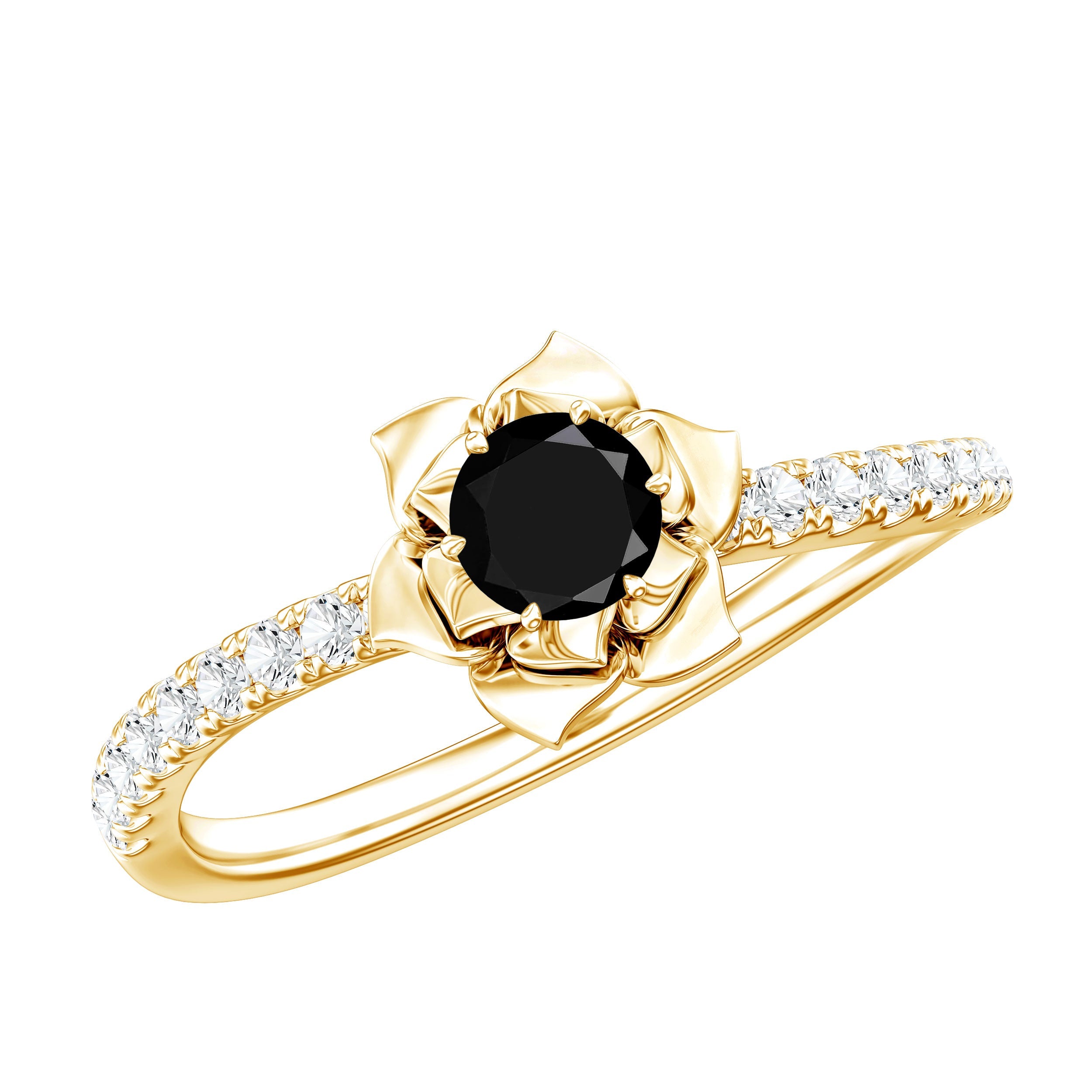 Certified Real Black Spinel Flower Engagement Ring with Diamond