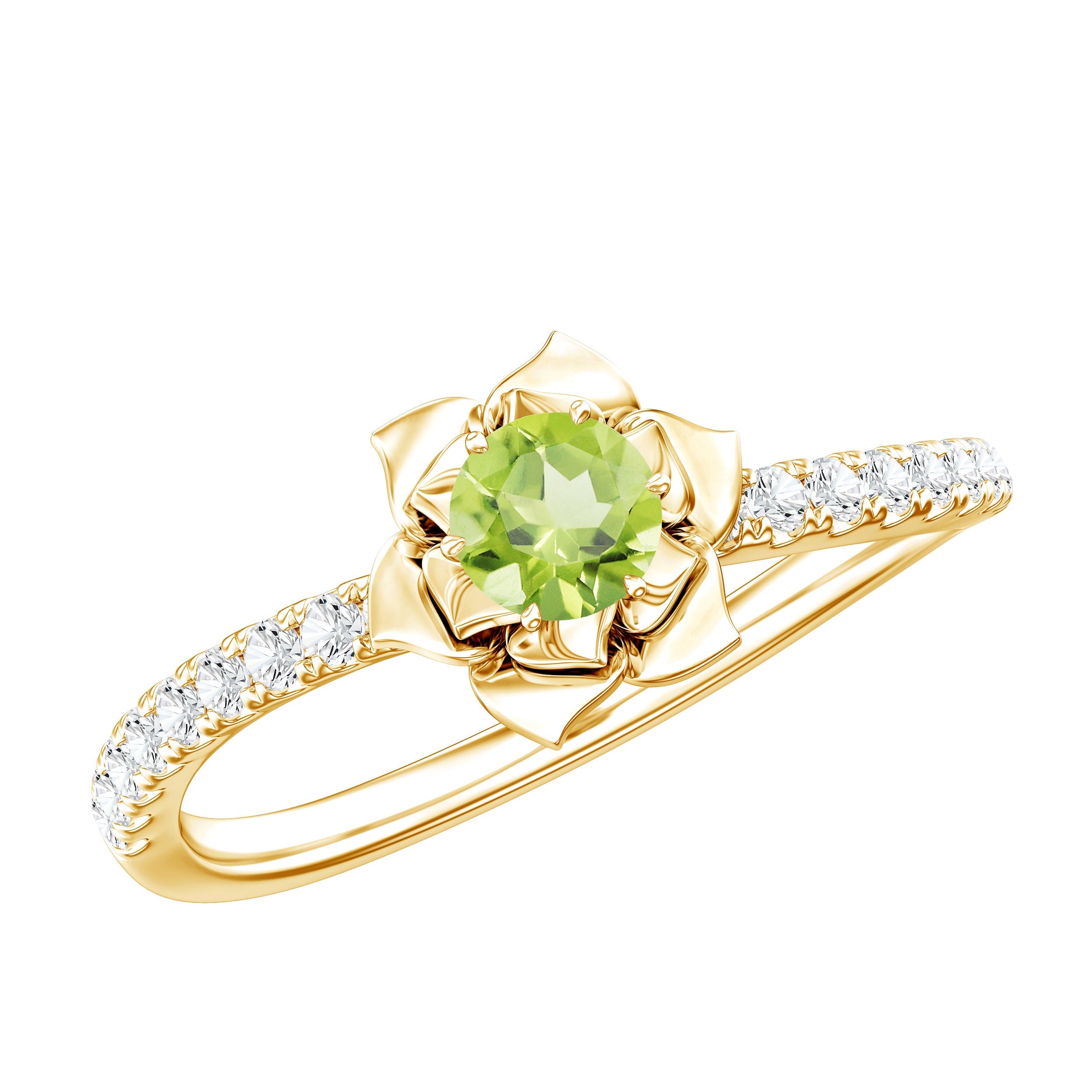 Peridot Engagement Ring – Half Carat Peridot Flower Engagement Ring with Diamond Accent