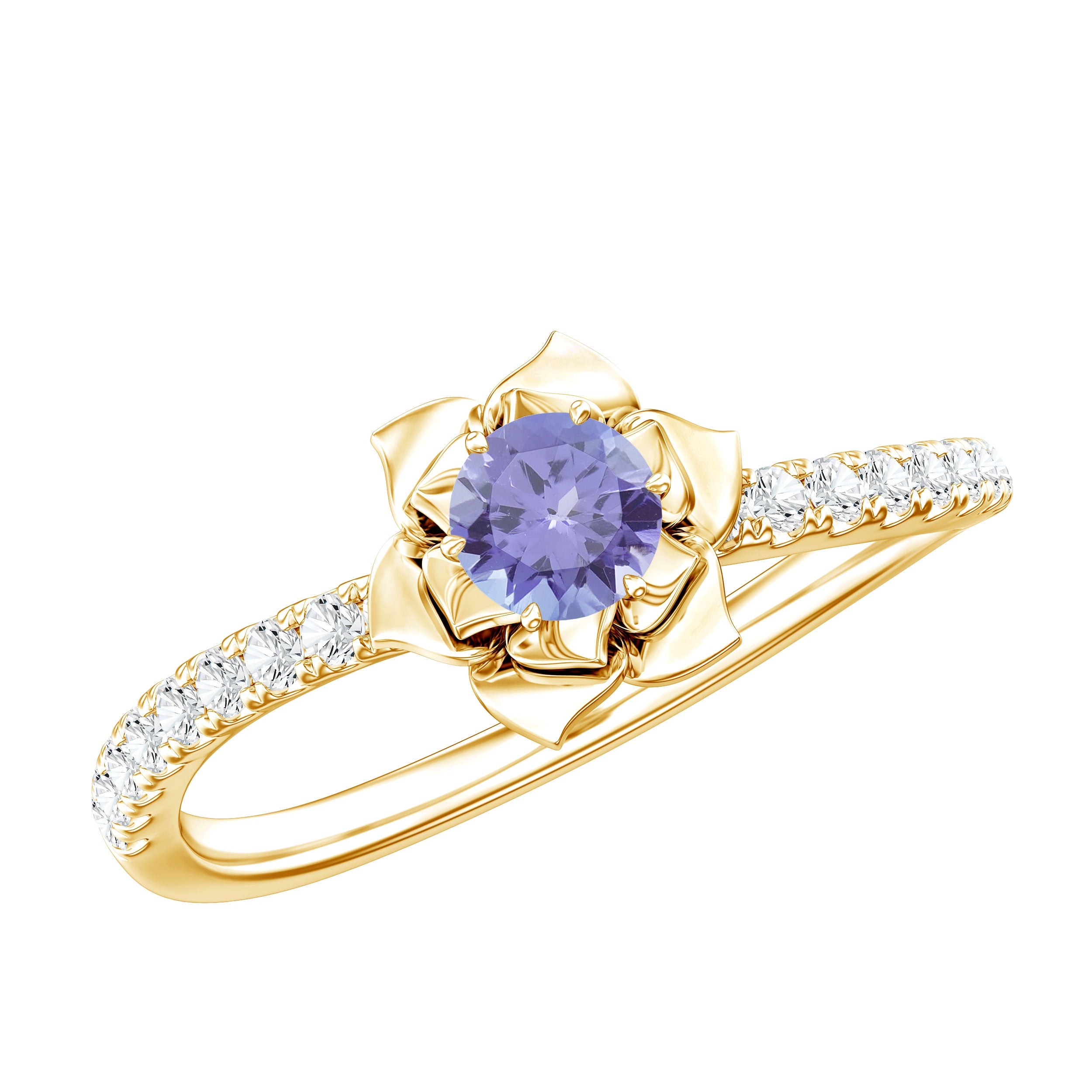 Tanzanite Engagement Ring – Rose Flower Ring with Diamond Curved Shank Design
