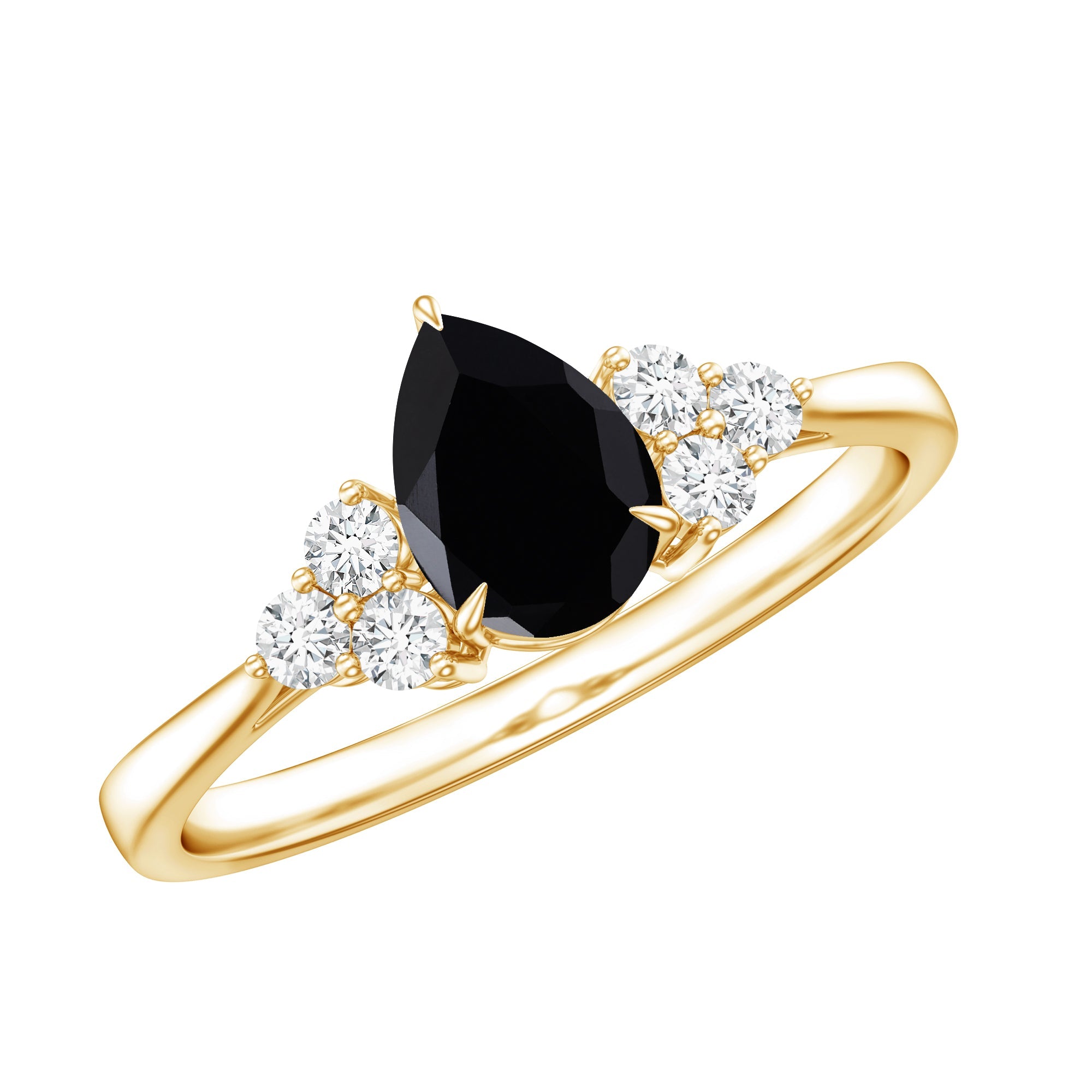 Pear Shaped Black Onyx Engagement Ring with Real Diamond Trio