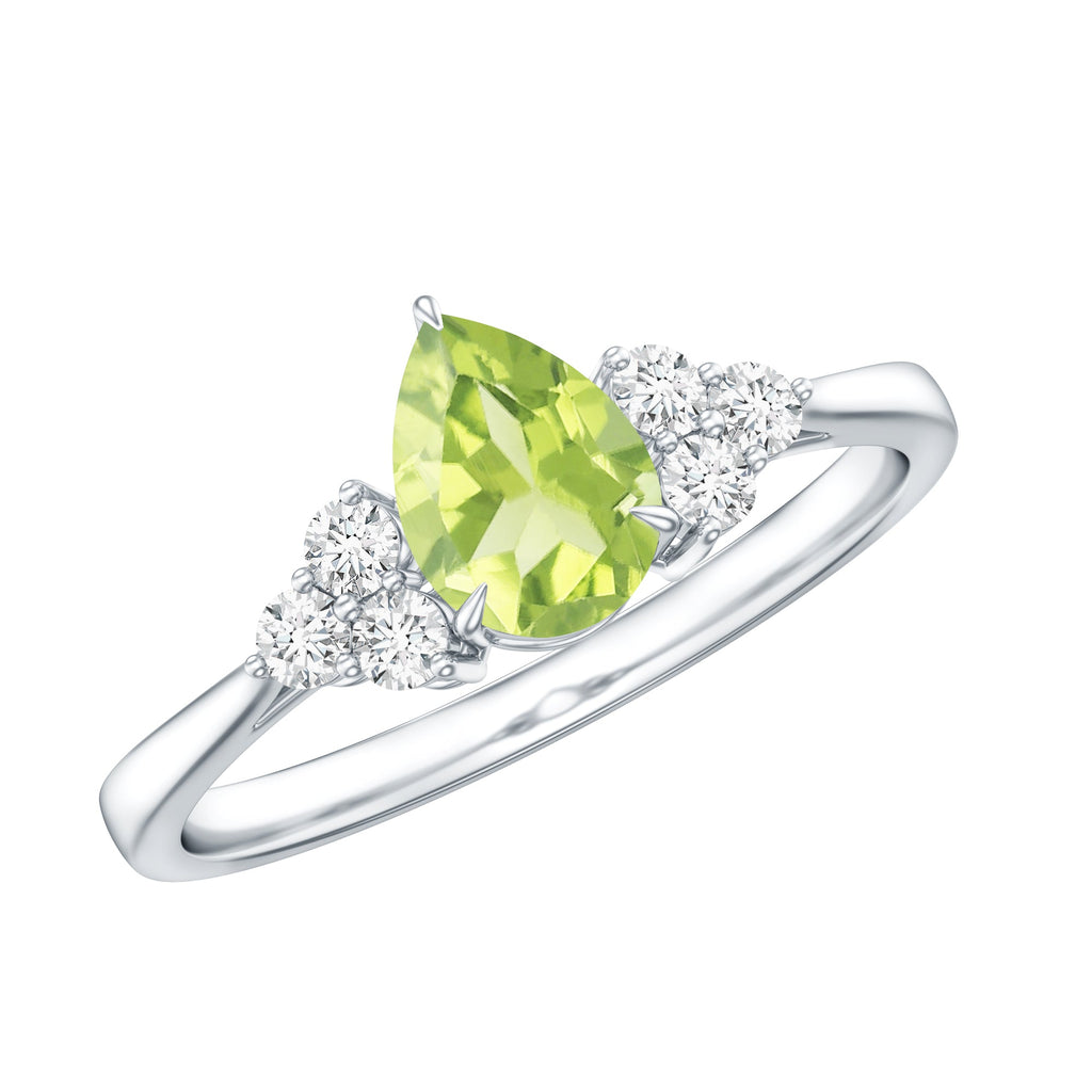 Peridot Engagement Ring – Pear Shaped Peridot Teardrop with Diamond Trio