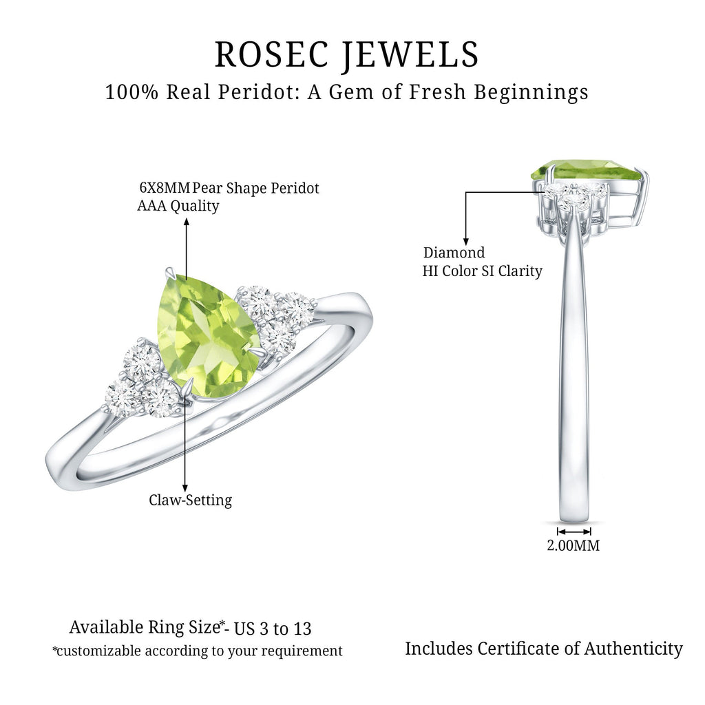 Peridot Engagement Ring – Pear Shaped Peridot Teardrop with Diamond Trio