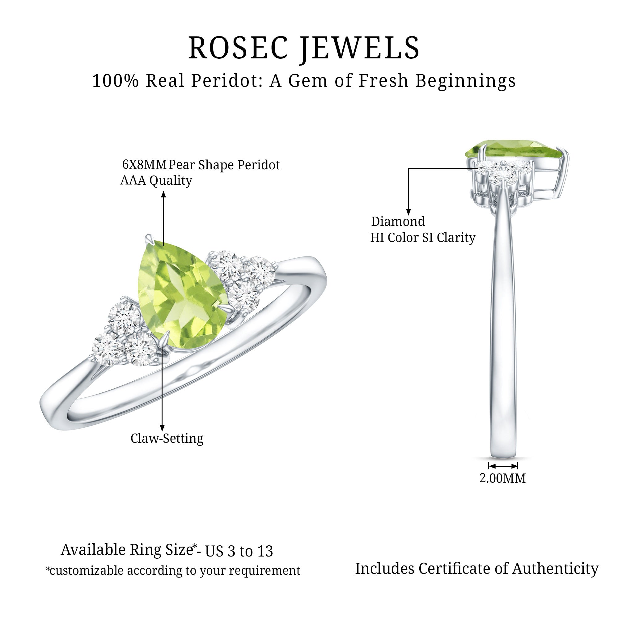 Peridot Engagement Ring – Pear Shaped Peridot Teardrop with Diamond Trio