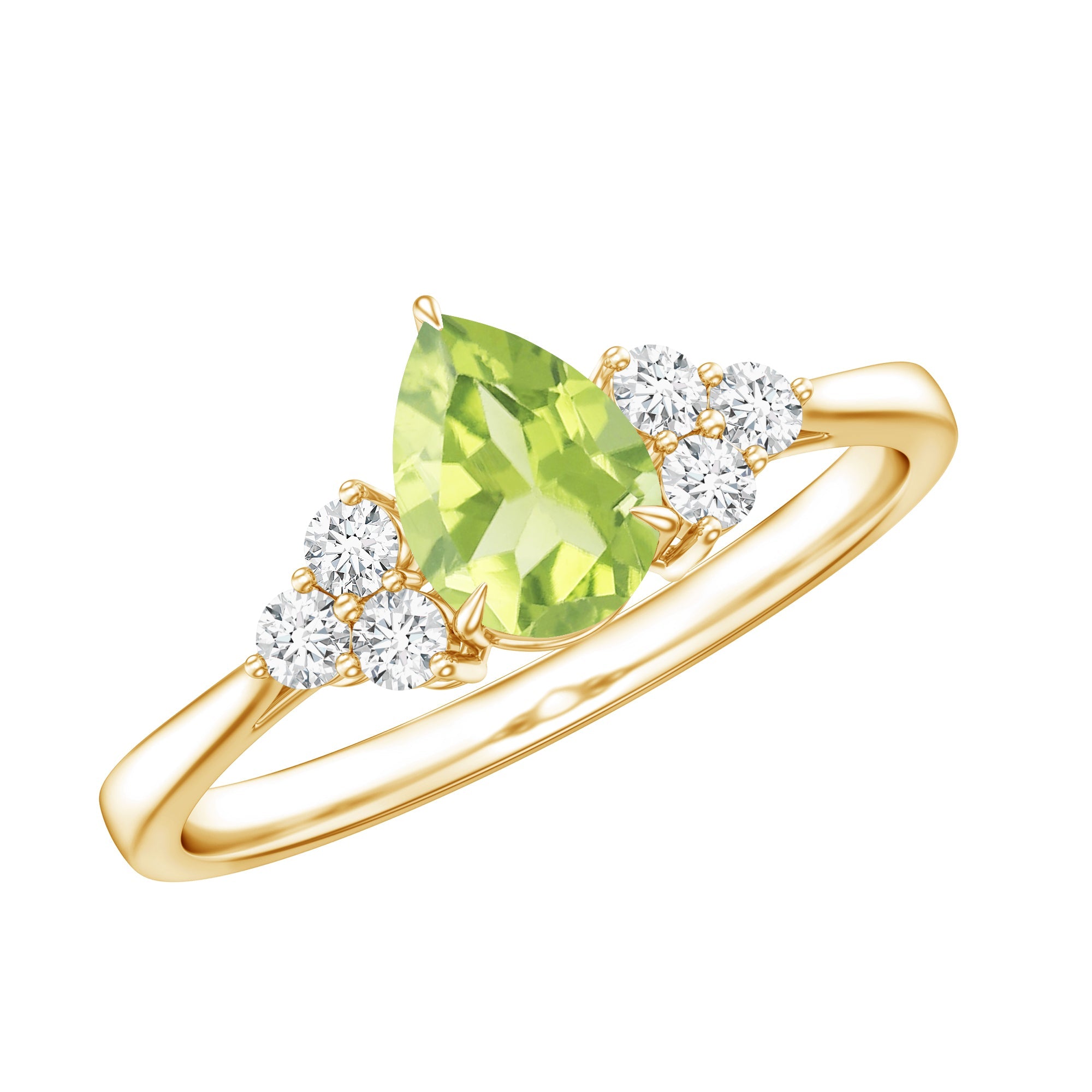 Peridot Engagement Ring – Pear Shaped Peridot Teardrop with Diamond Trio