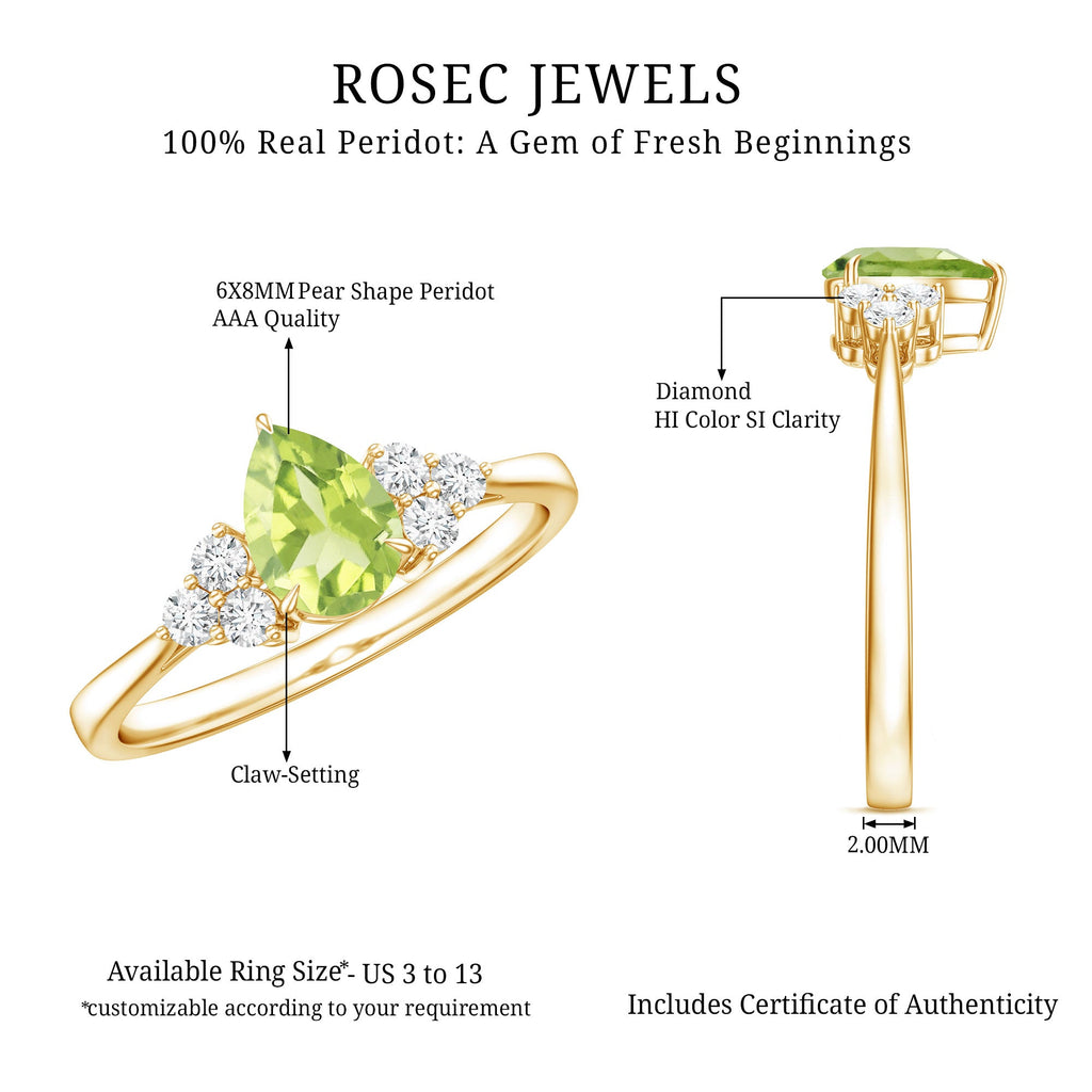 Peridot Engagement Ring – Pear Shaped Peridot Teardrop with Diamond Trio