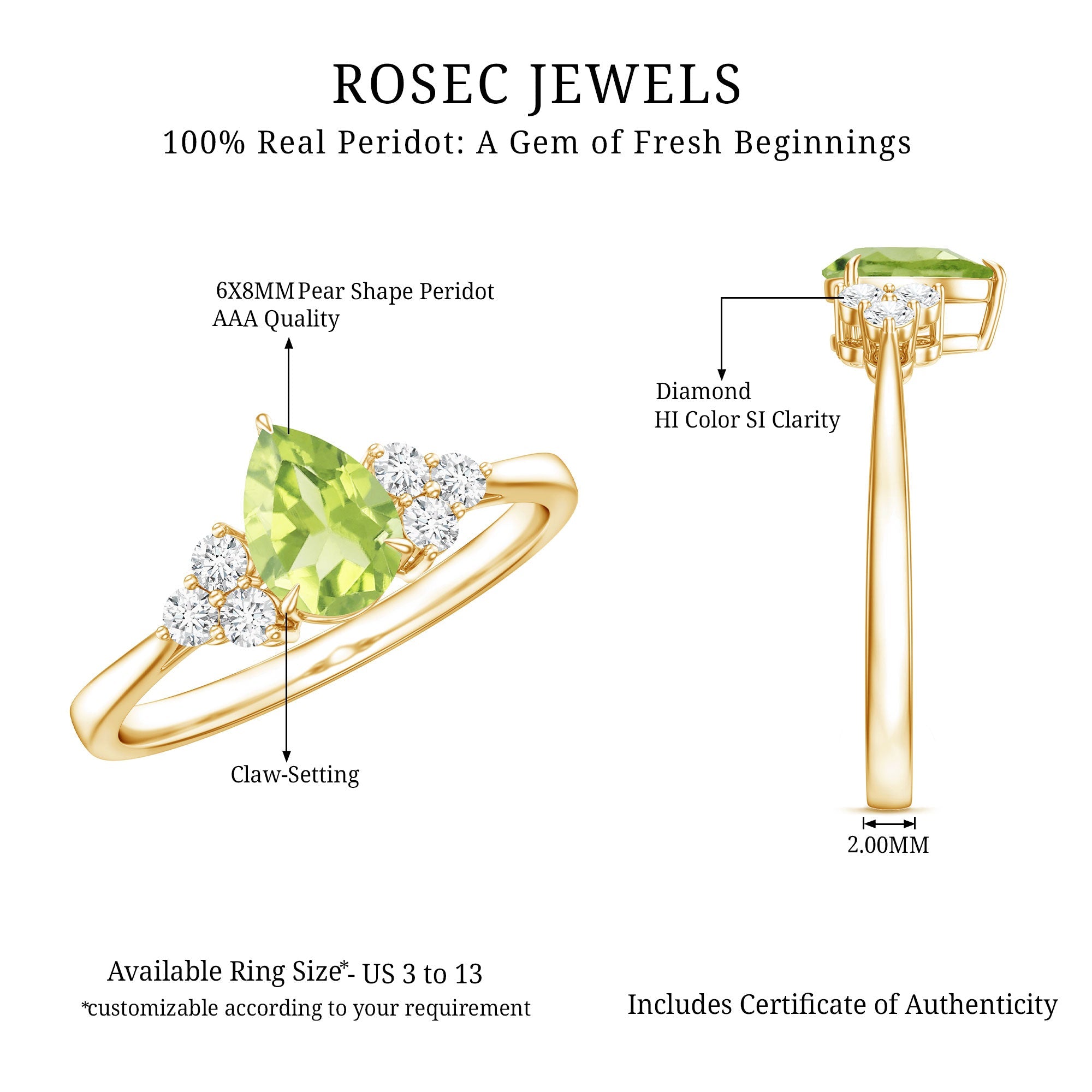 Peridot Engagement Ring – Pear Shaped Peridot Teardrop with Diamond Trio