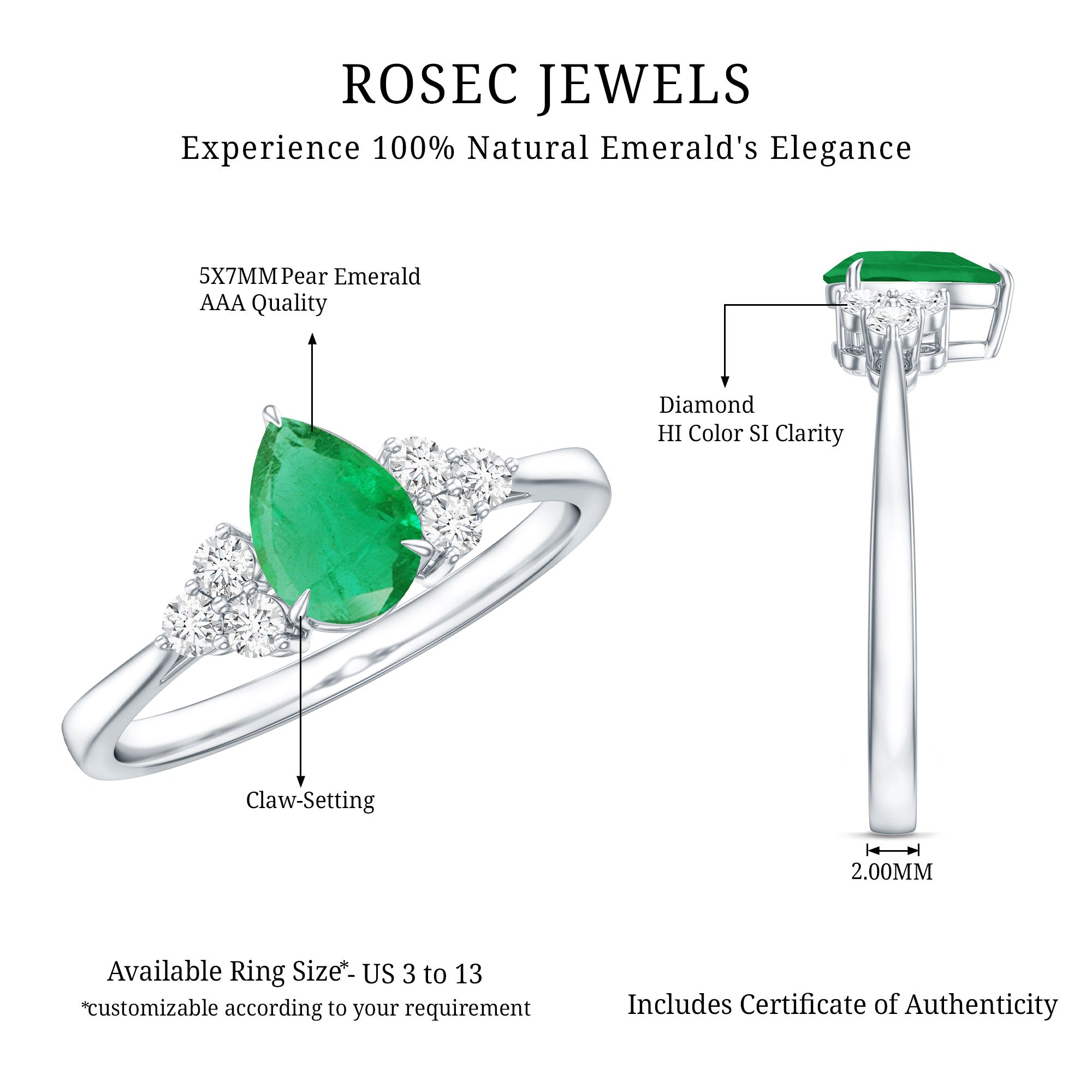 Pear Shape Emerald Ring - 0.6 Carat AAA Quality Emerald Engagement Ring with Diamond Accents