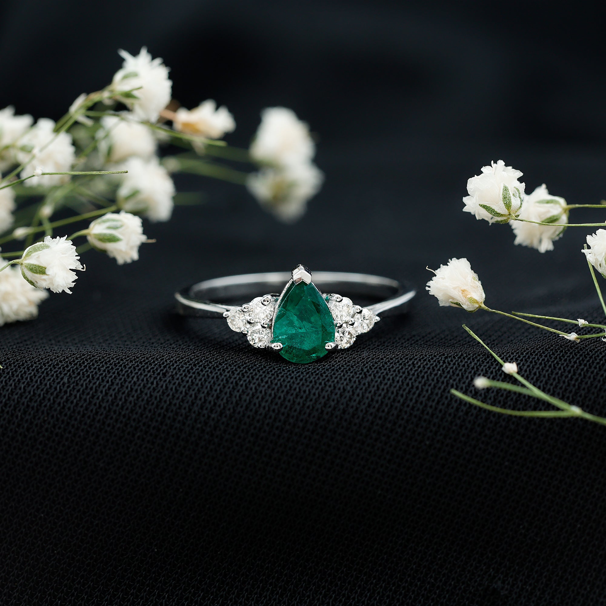 Pear Shape Emerald Ring - 0.6 Carat AAA Quality Emerald Engagement Ring with Diamond Accents