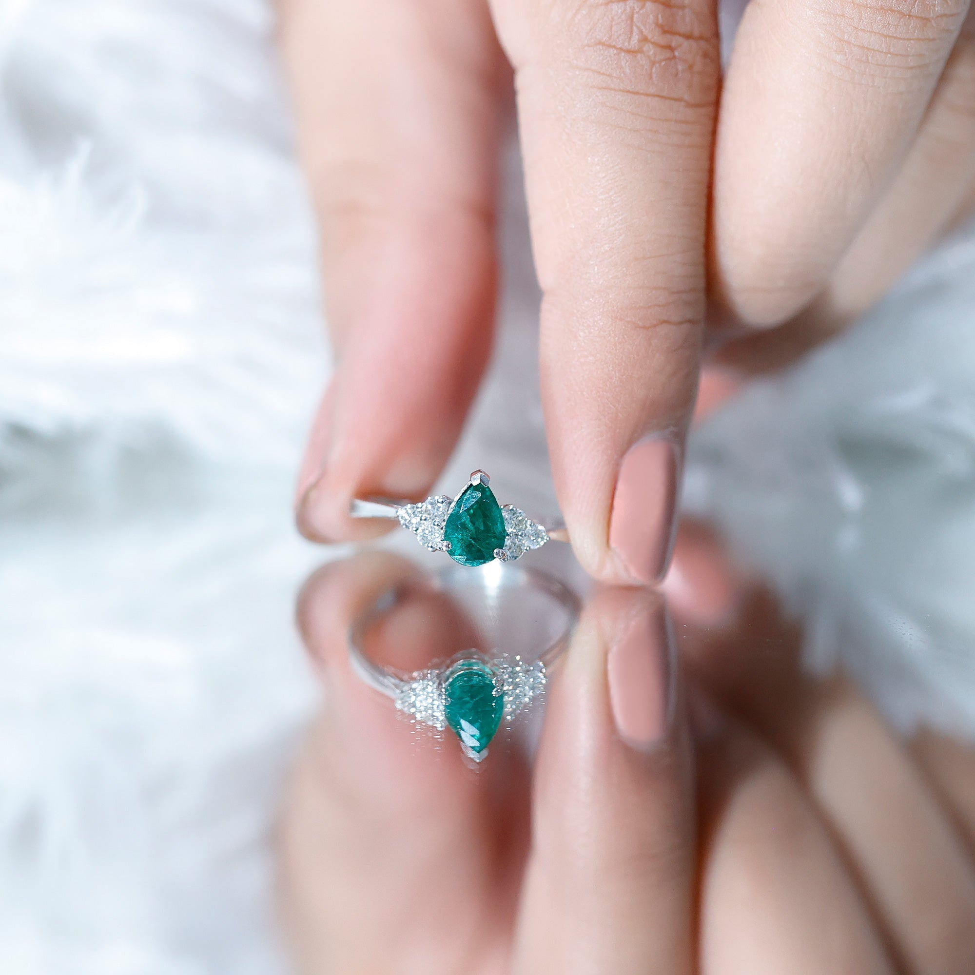 Pear Shape Emerald Ring - 0.6 Carat AAA Quality Emerald Engagement Ring with Diamond Accents