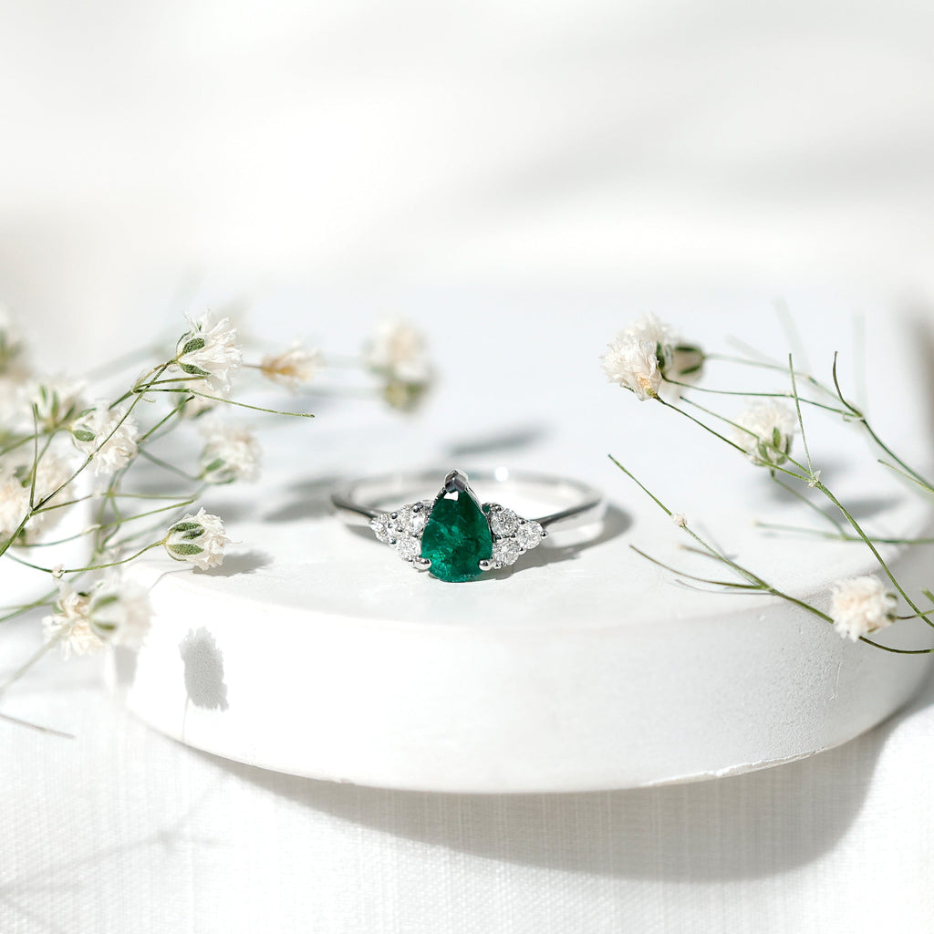 Pear Shape Emerald Ring - 0.6 Carat AAA Quality Emerald Engagement Ring with Diamond Accents