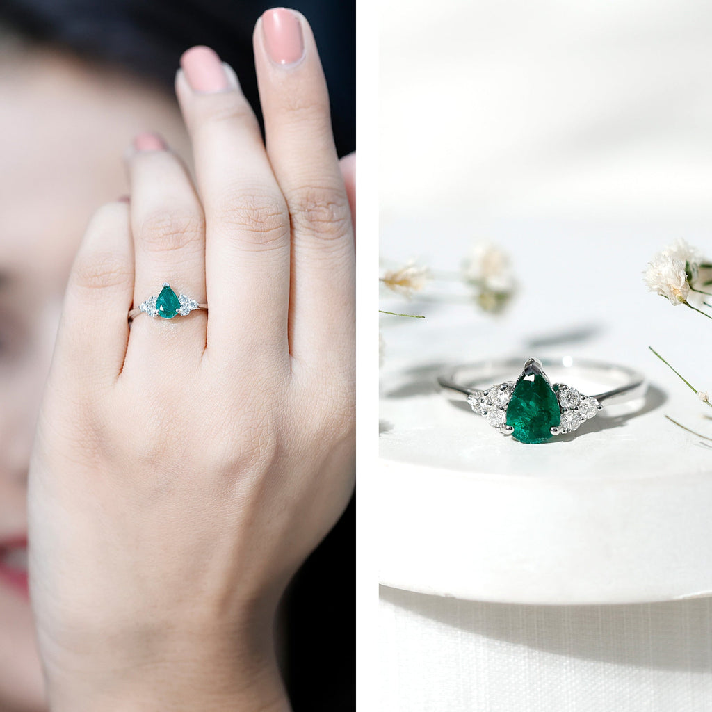 Pear Shape Emerald Ring - 0.6 Carat AAA Quality Emerald Engagement Ring with Diamond Accents