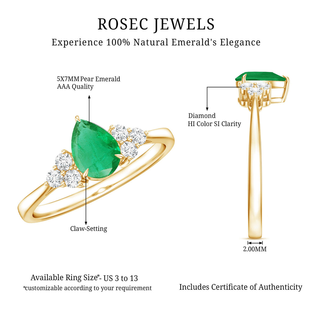 Pear Shape Emerald Ring - 0.6 Carat AAA Quality Emerald Engagement Ring with Diamond Accents