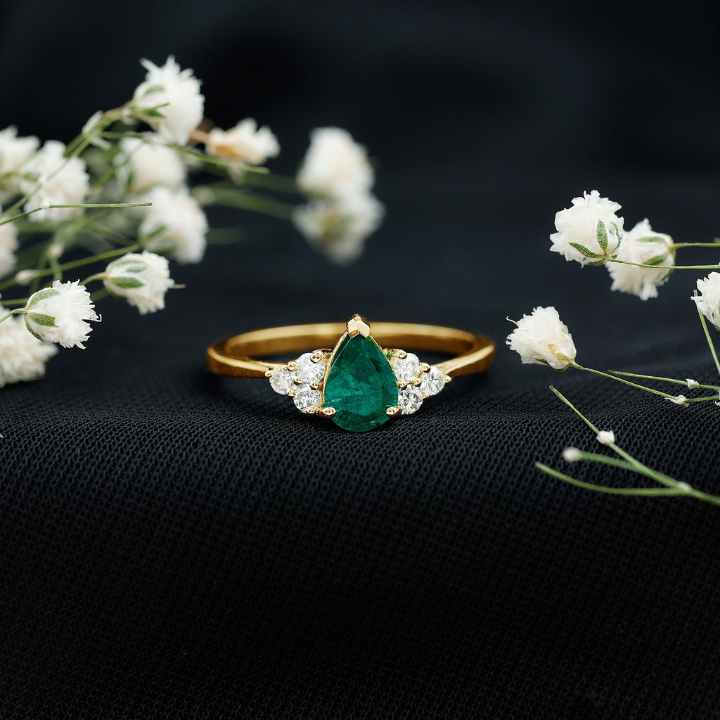 Pear Shape Emerald Ring - 0.6 Carat AAA Quality Emerald Engagement Ring with Diamond Accents