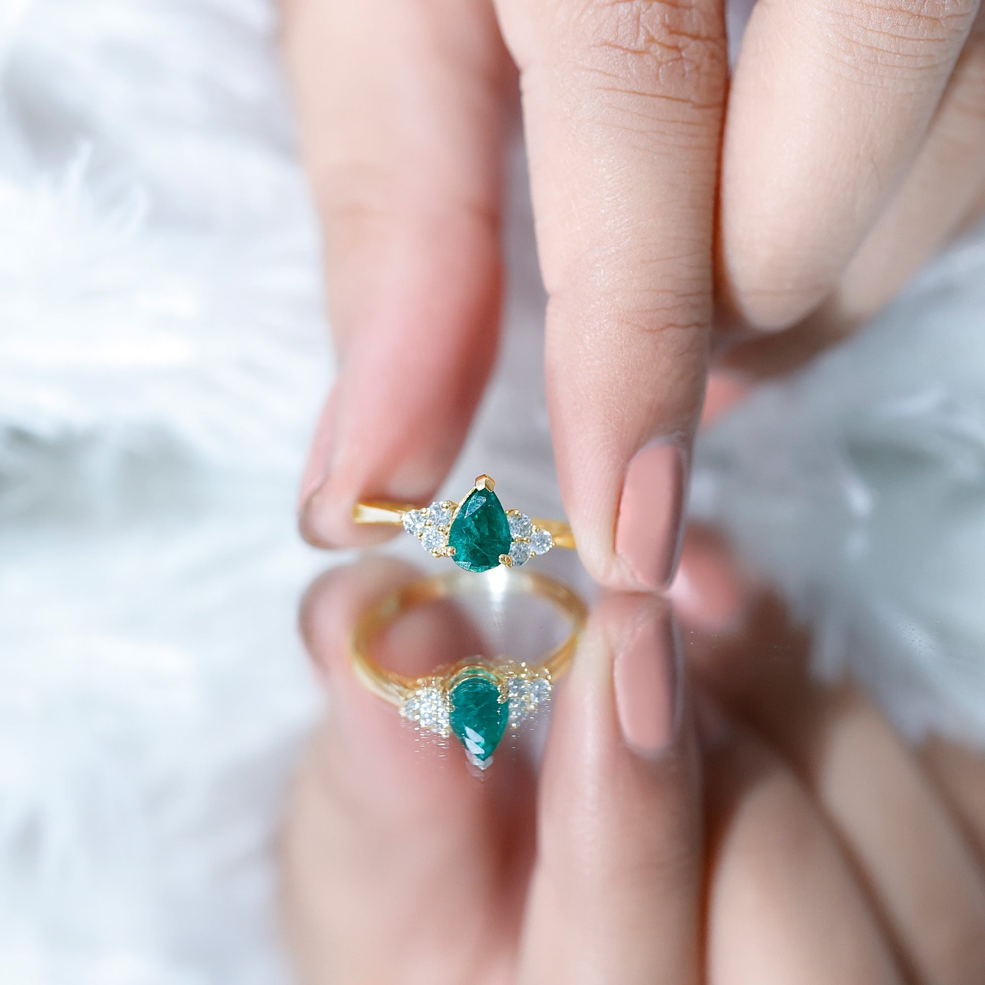 Pear Shape Emerald Ring - 0.6 Carat AAA Quality Emerald Engagement Ring with Diamond Accents