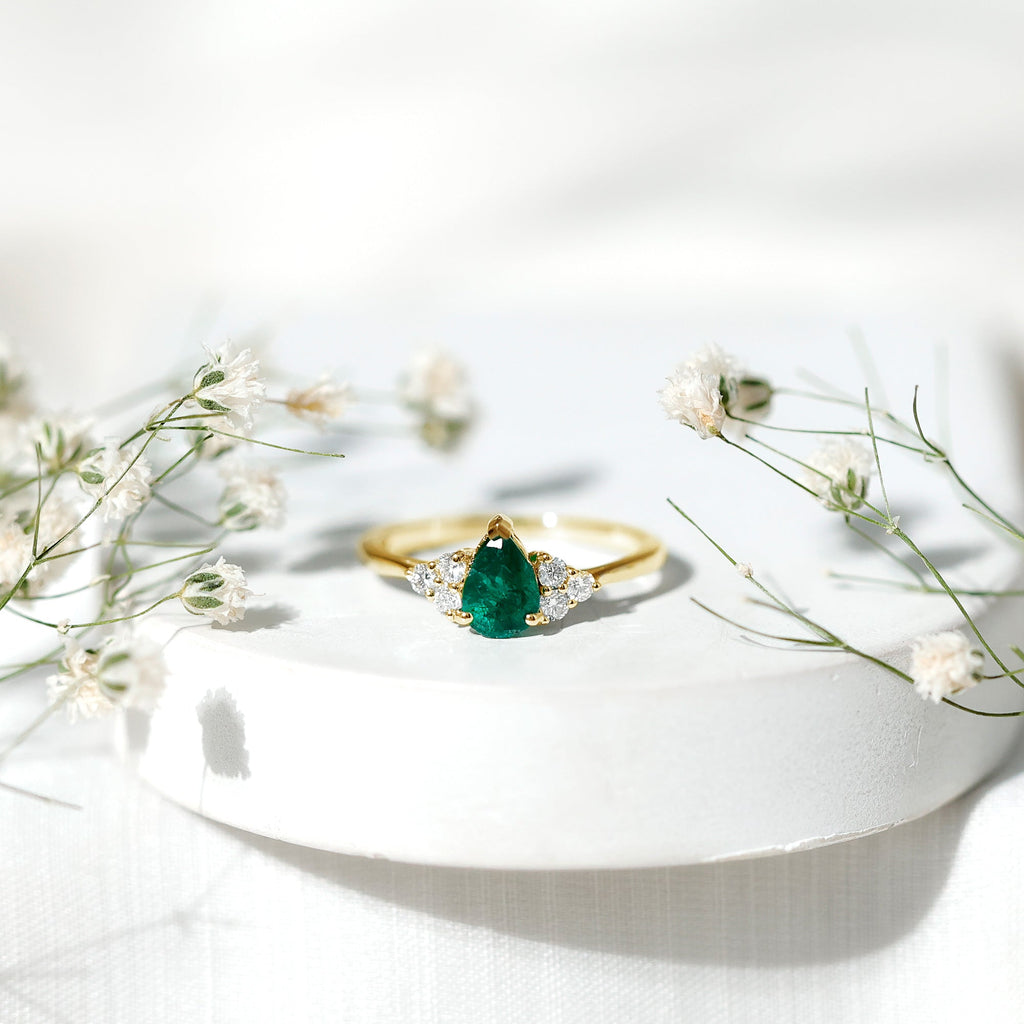 Pear Shape Emerald Ring - 0.6 Carat AAA Quality Emerald Engagement Ring with Diamond Accents