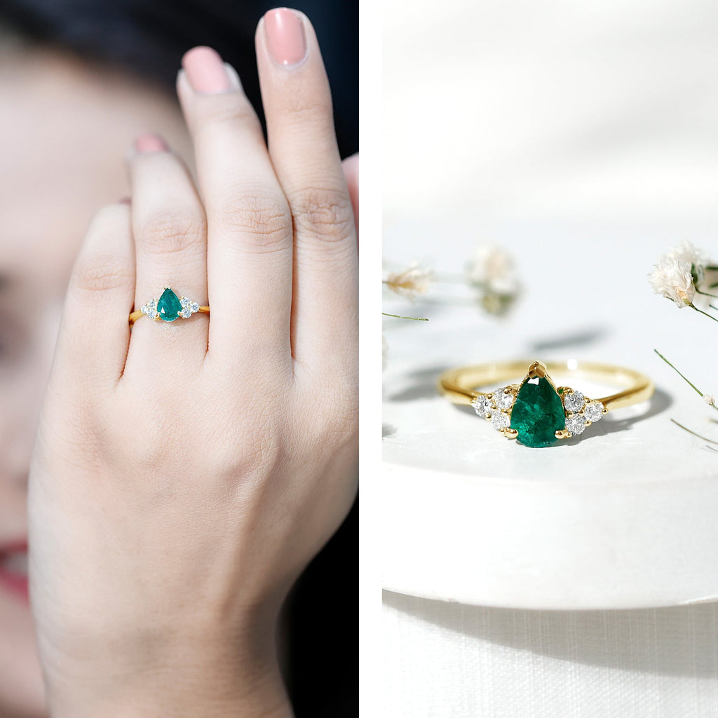 Pear Shape Emerald Ring - 0.6 Carat AAA Quality Emerald Engagement Ring with Diamond Accents