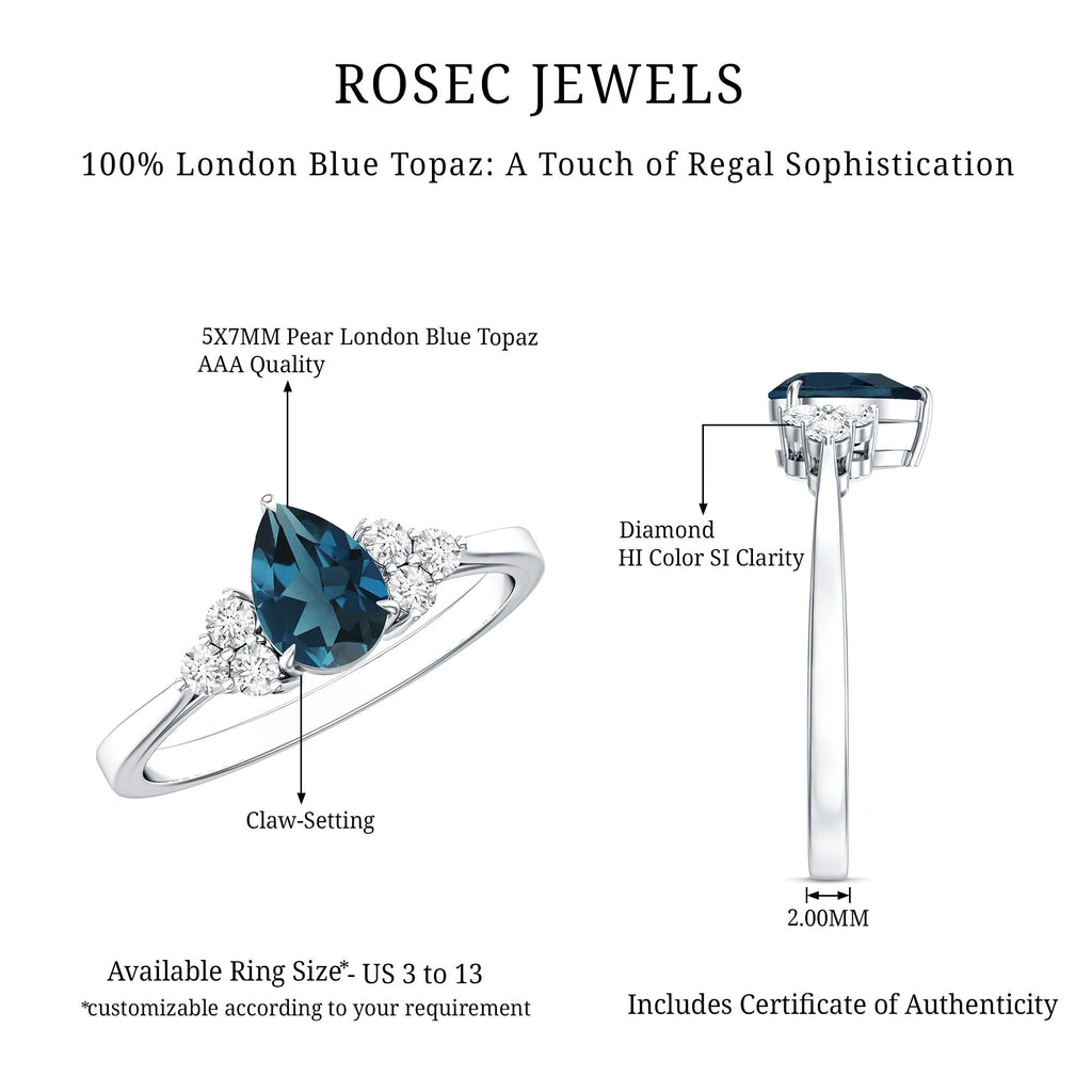 5X7mm Pear Shape London Blue Topaz Engagement Ring with Diamond Trio