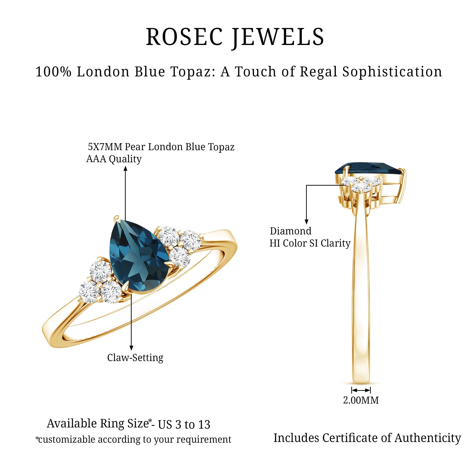 5X7mm Pear Shape London Blue Topaz Engagement Ring with Diamond Trio