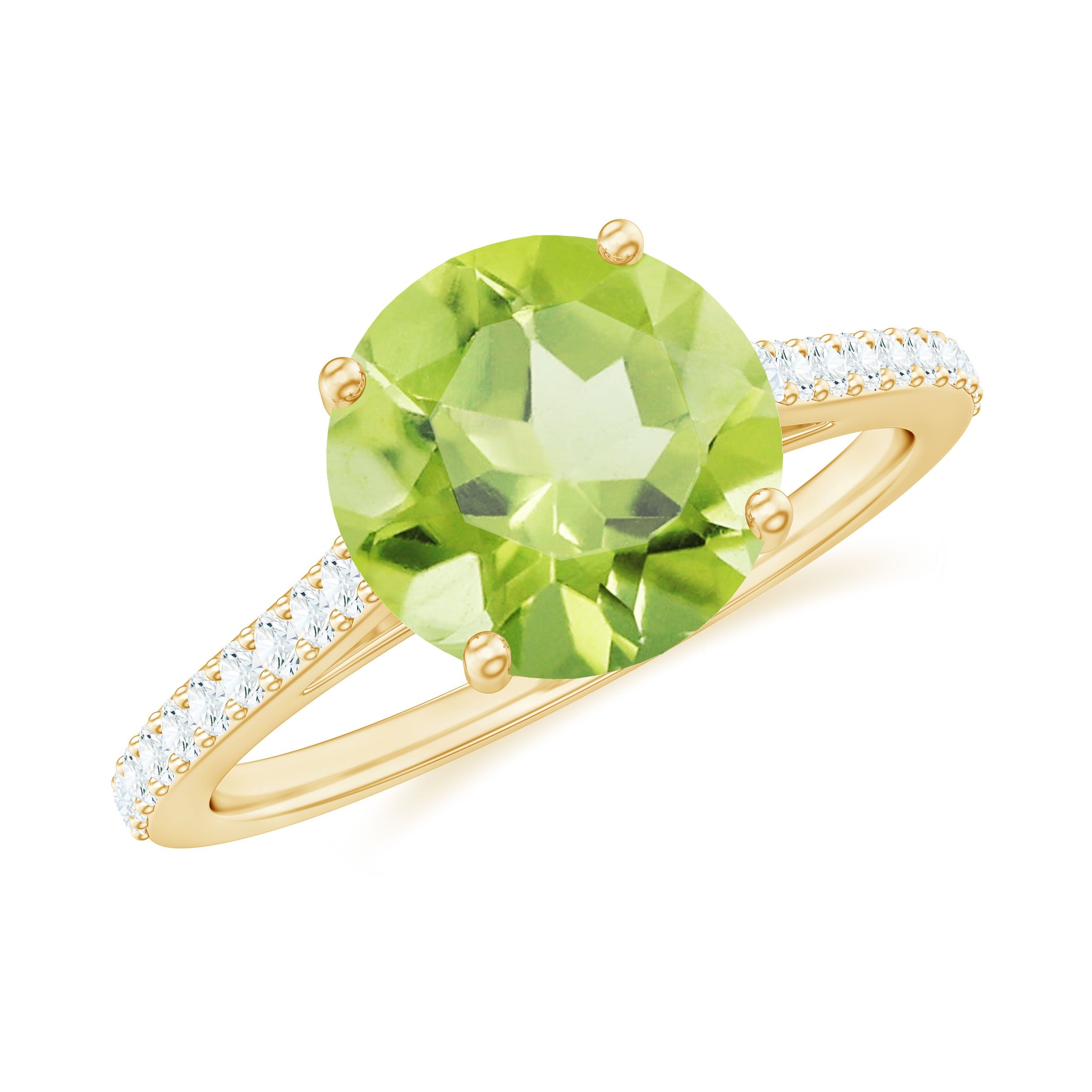 Peridot Solitaire Ring – 2 Carat Natural Green Gemstone with Diamond Accented Band