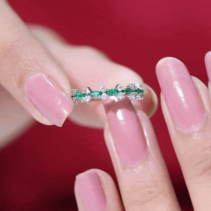 Emerald Half Eternity Ring - Genuine Green Emerald & Diamond Band for Women