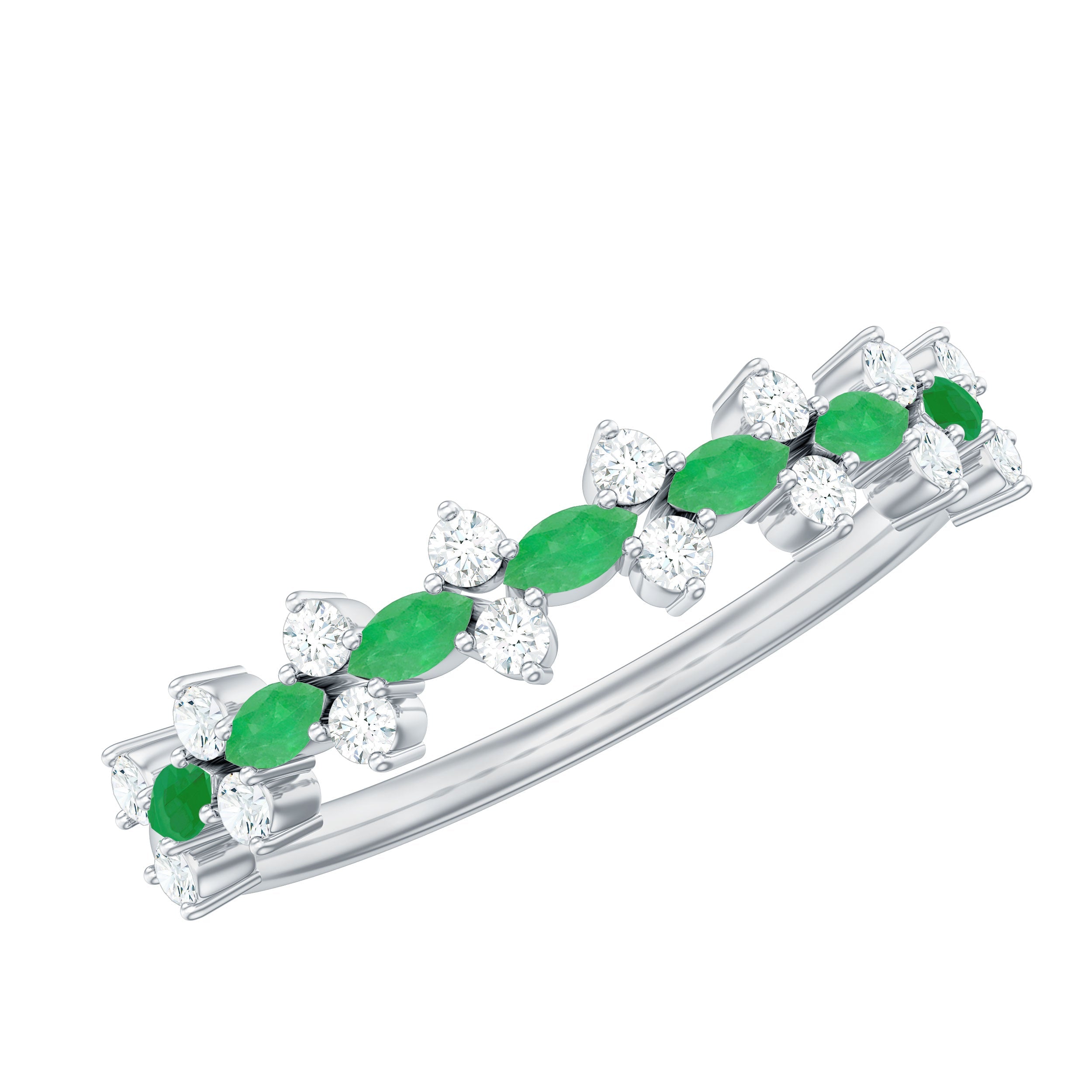 Emerald Half Eternity Ring - Genuine Green Emerald & Diamond Band for Women