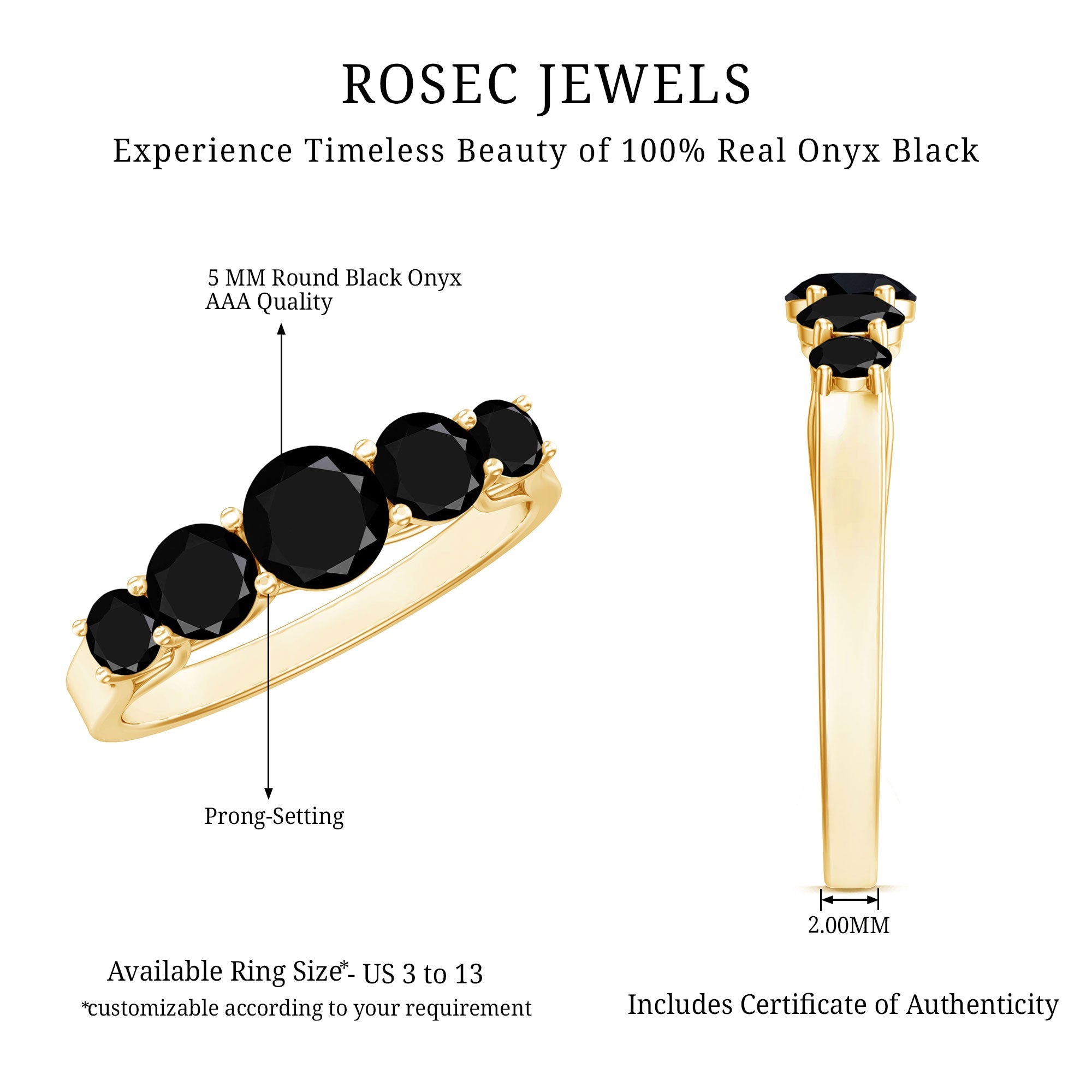 Trellis Set Black Onyx 5 Stone Ring in Graduated Style