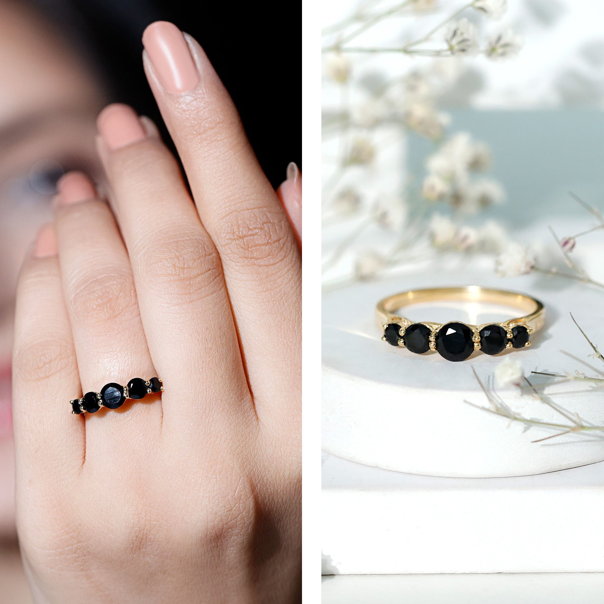 Trellis Set Black Onyx 5 Stone Ring in Graduated Style