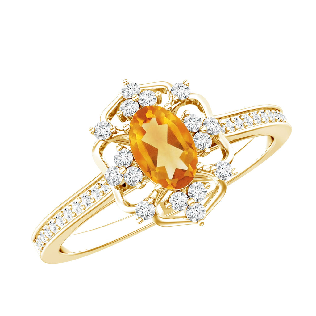 Vintage Citrine Ring – 14k Yellow Gold Silver | Oval Citrine Stone & Lab Grown Diamonds