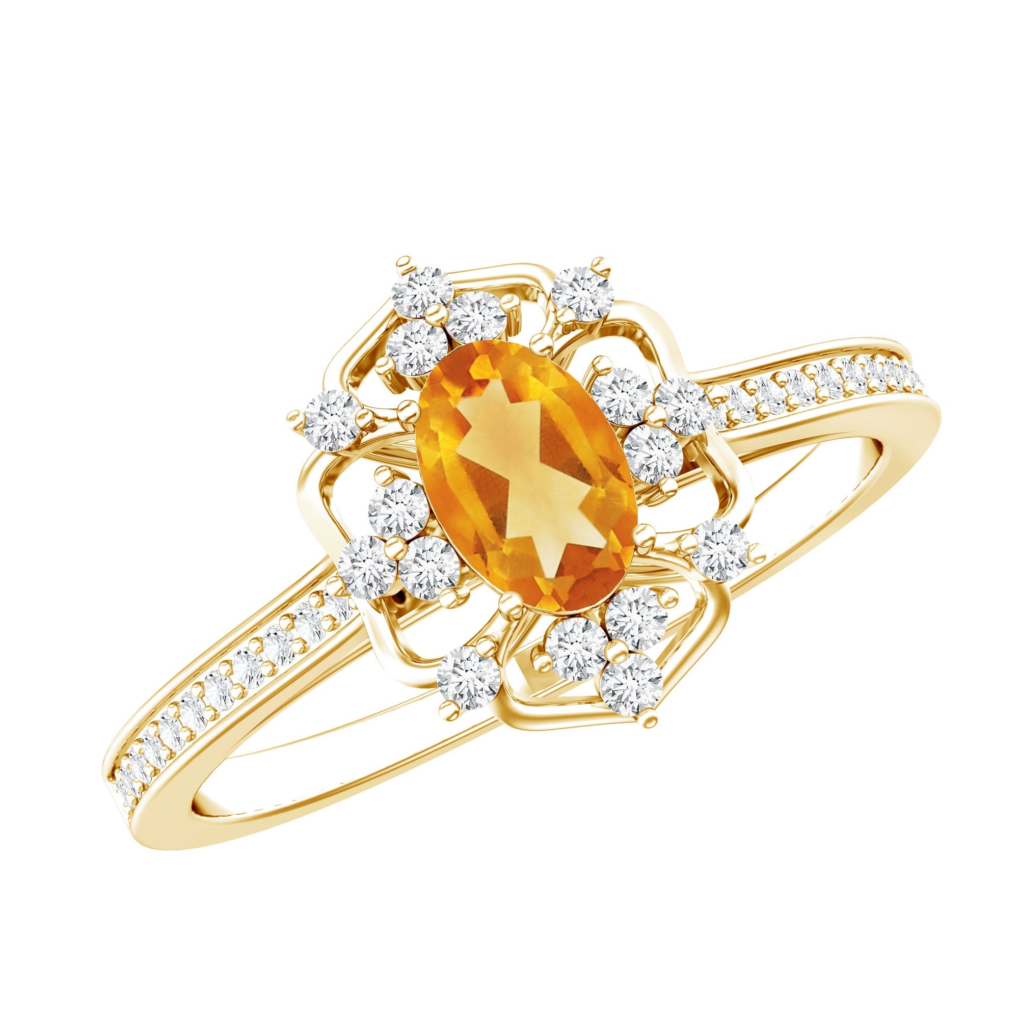 Vintage Citrine Ring – 14k Yellow Gold Silver | Oval Citrine Stone & Lab Grown Diamonds