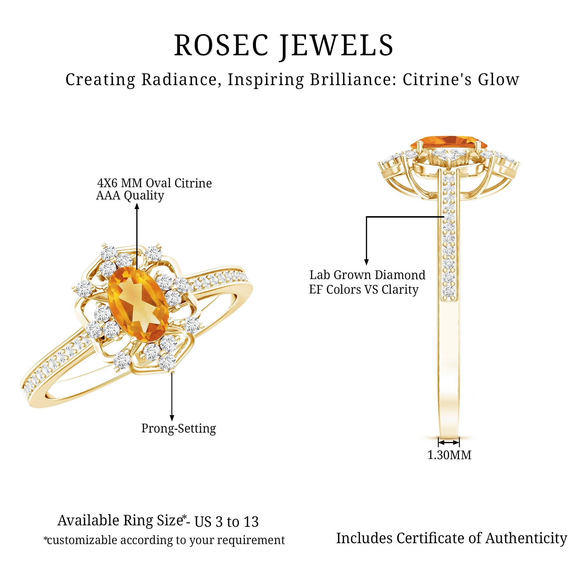 Vintage Citrine Ring – 14k Yellow Gold Silver | Oval Citrine Stone & Lab Grown Diamonds