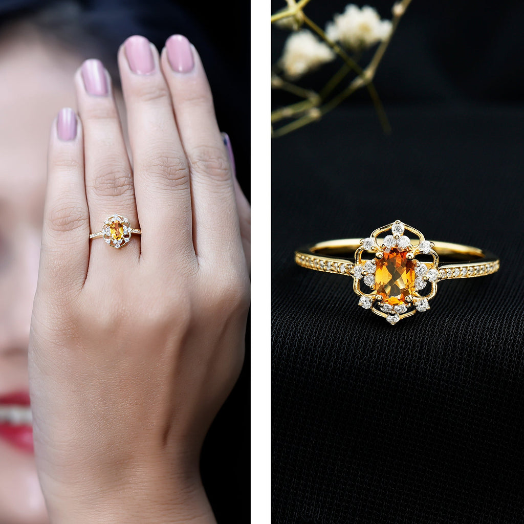 Vintage Citrine Ring – 14k Yellow Gold Silver | Oval Citrine Stone & Lab Grown Diamonds