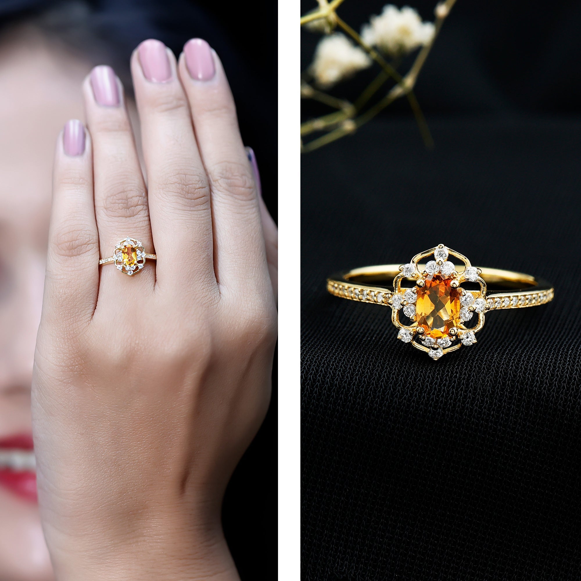 Vintage Citrine Ring – 14k Yellow Gold Silver | Oval Citrine Stone & Lab Grown Diamonds