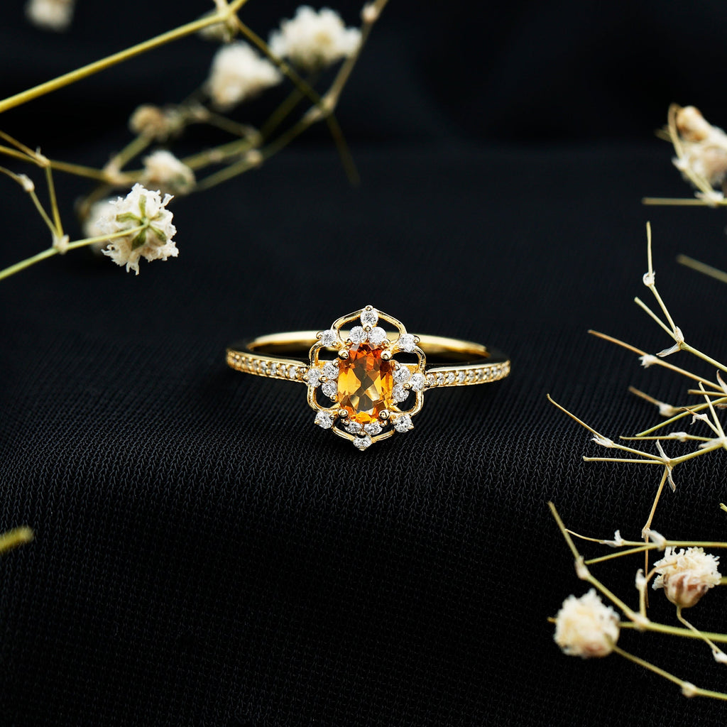 Vintage Citrine Ring – 14k Yellow Gold Silver | Oval Citrine Stone & Lab Grown Diamonds