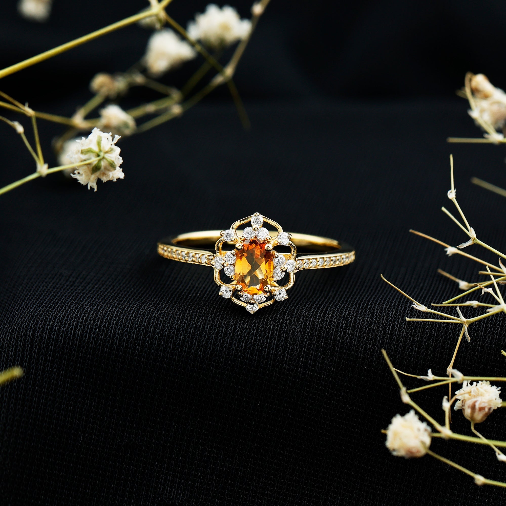 Vintage Citrine Ring – 14k Yellow Gold Silver | Oval Citrine Stone & Lab Grown Diamonds