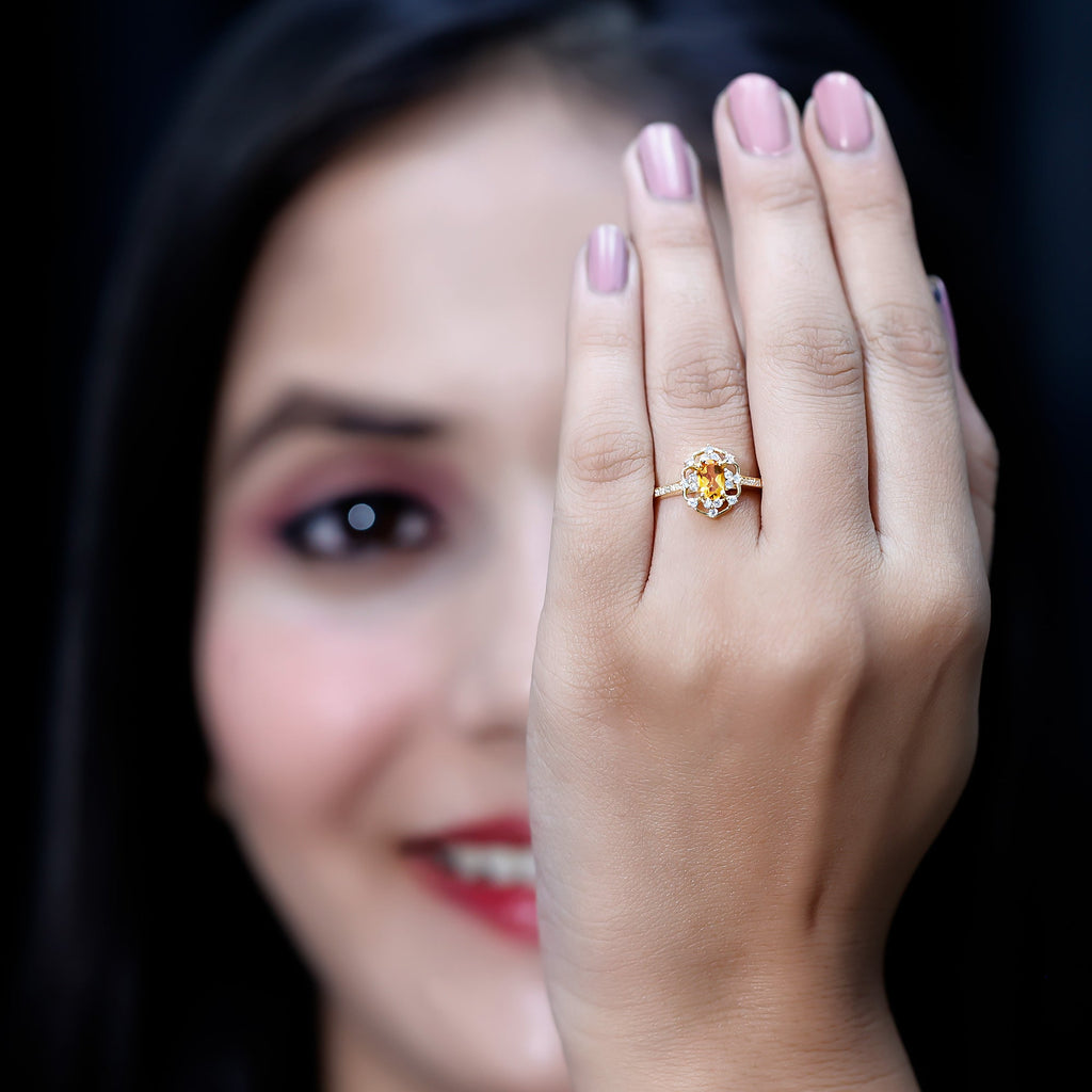 Vintage Citrine Ring – 14k Yellow Gold Silver | Oval Citrine Stone & Lab Grown Diamonds