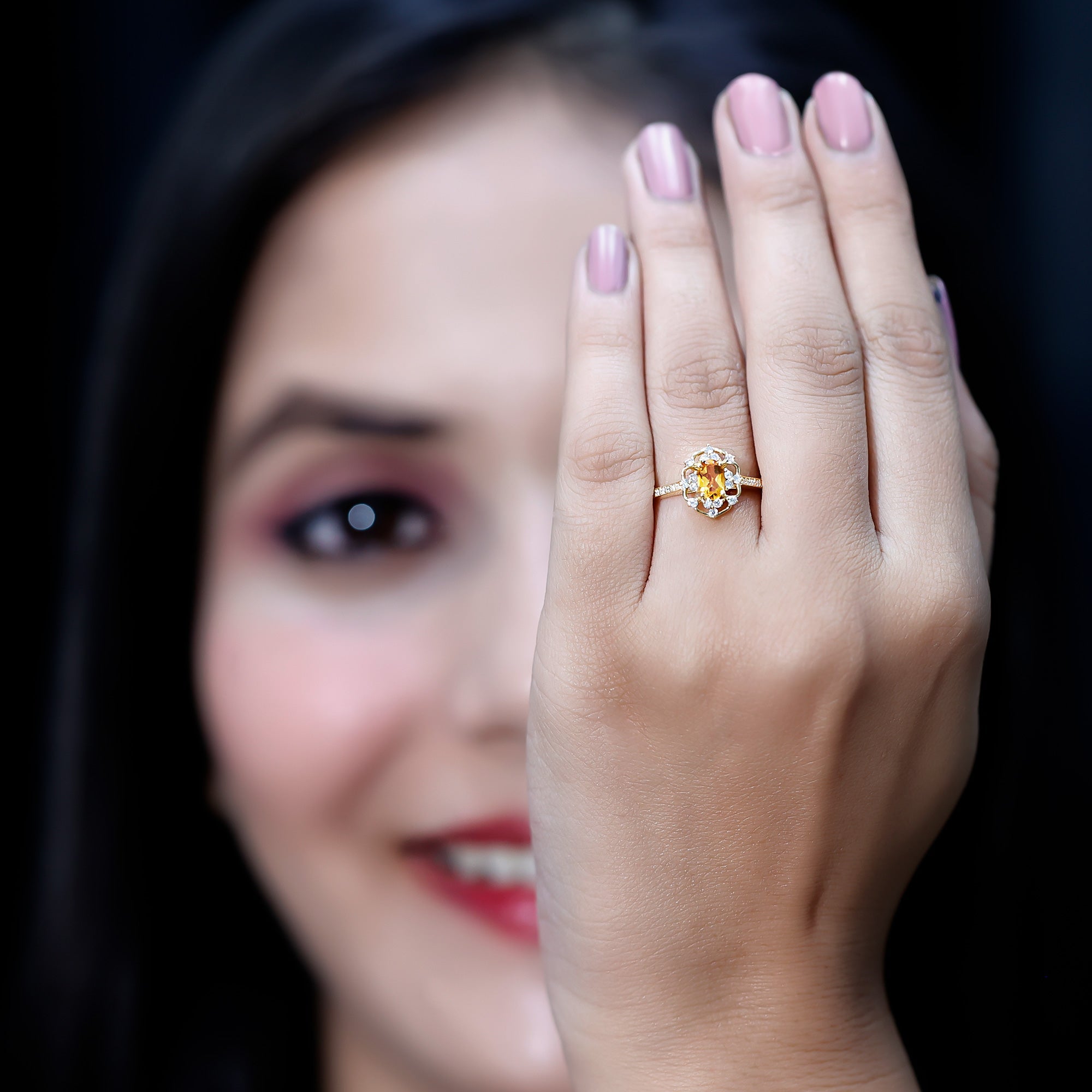 Vintage Citrine Ring – 14k Yellow Gold Silver | Oval Citrine Stone & Lab Grown Diamonds