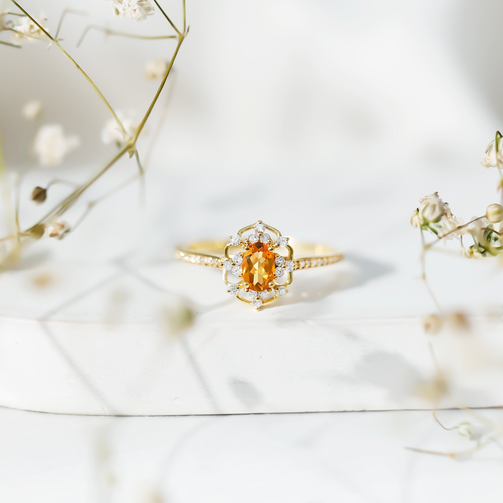 Vintage Citrine Ring – 14k Yellow Gold Silver | Oval Citrine Stone & Lab Grown Diamonds