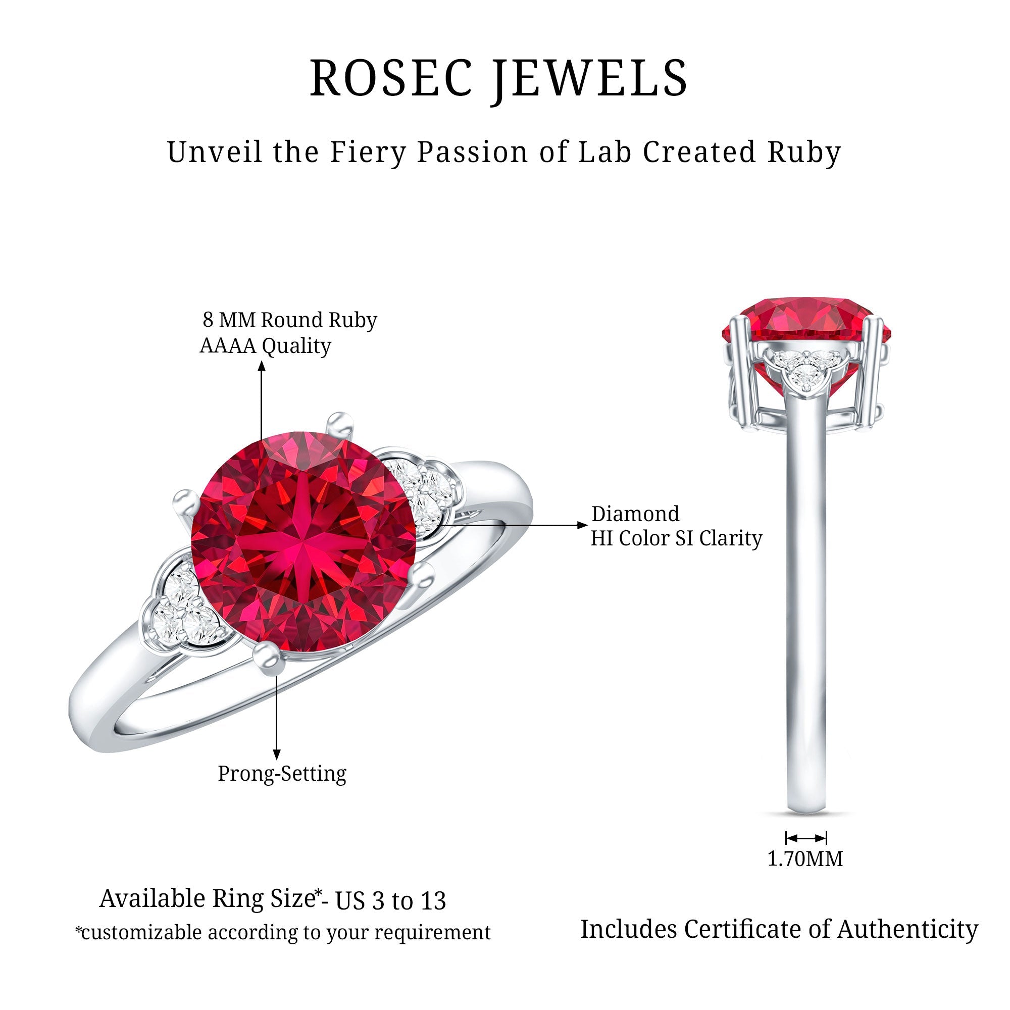 Lab grown ruby solitaire engagement ring with diamond trio showing prong setting and dimensions